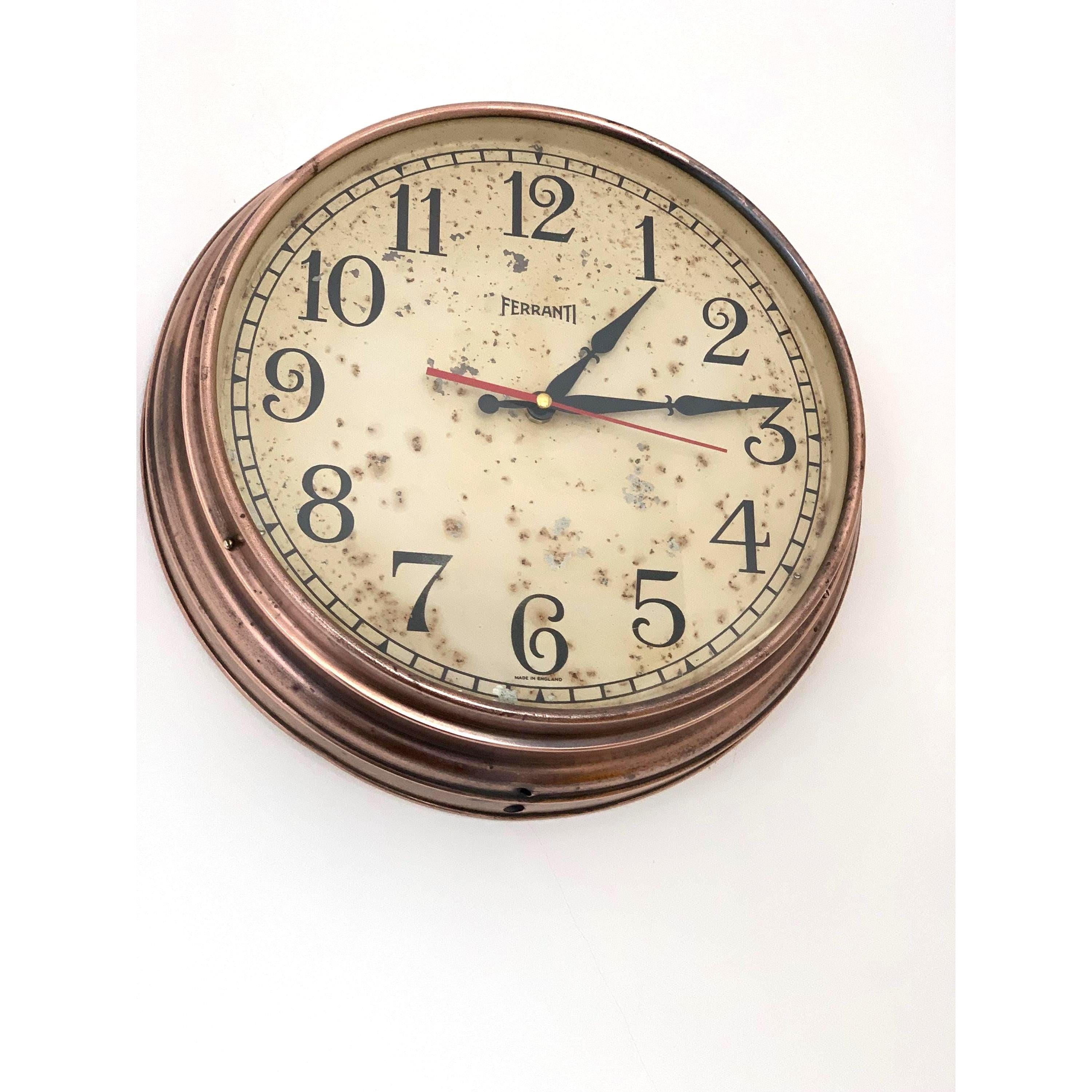 1940s Ferranti Copper Wall Clock – Rare Art Deco Industrial British Timepiece