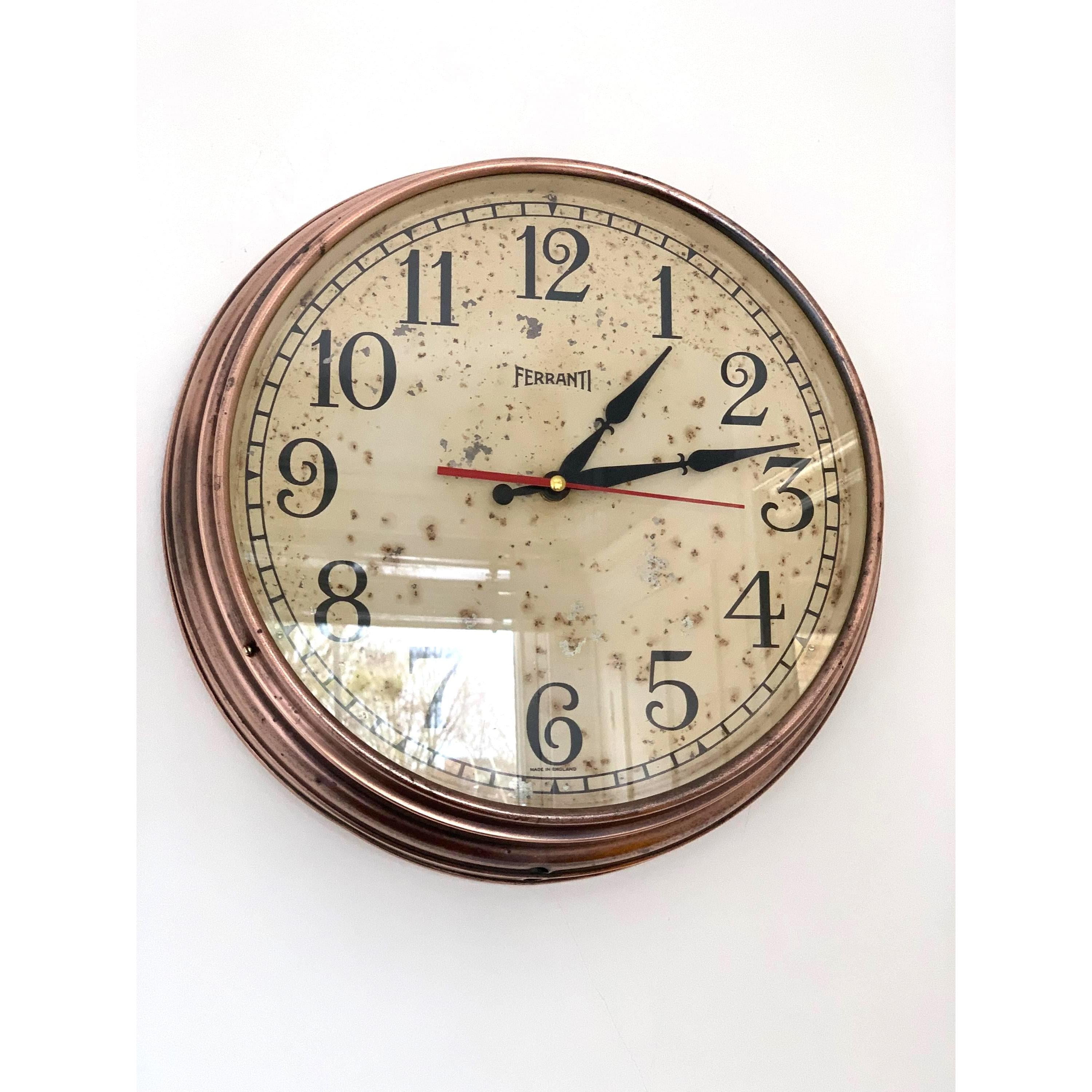 1940s Ferranti Copper Wall Clock – Rare Art Deco Industrial British Timepiece