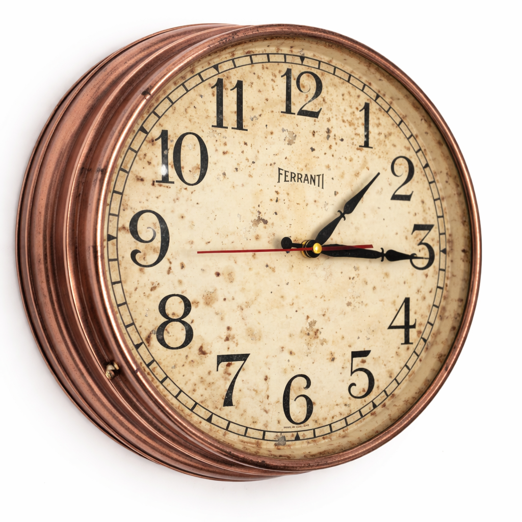 1940s Ferranti Copper Wall Clock – Rare Art Deco Industrial British Timepiece