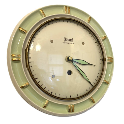 1950s Garant Schwebe-Anker Ceramic Wall Clock – Mint Green, West Germany, Mid Century Modern.