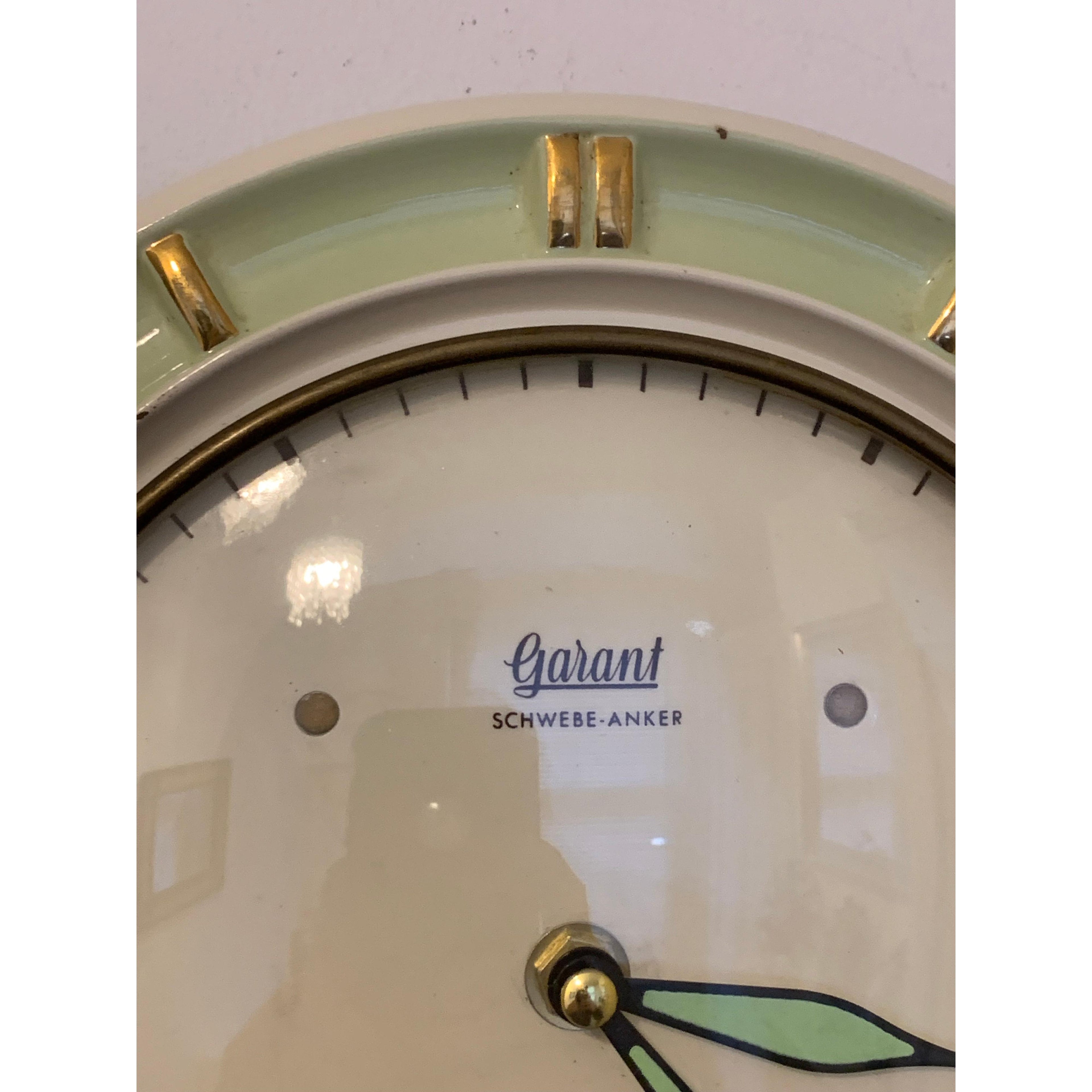1950s Garant Schwebe-Anker Ceramic Wall Clock – Mint Green, West Germany, Mid Century Modern.
