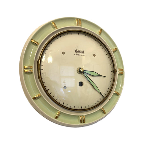 1950s Garant Schwebe-Anker Ceramic Wall Clock – Mint Green, West Germany, Mid Century Modern.