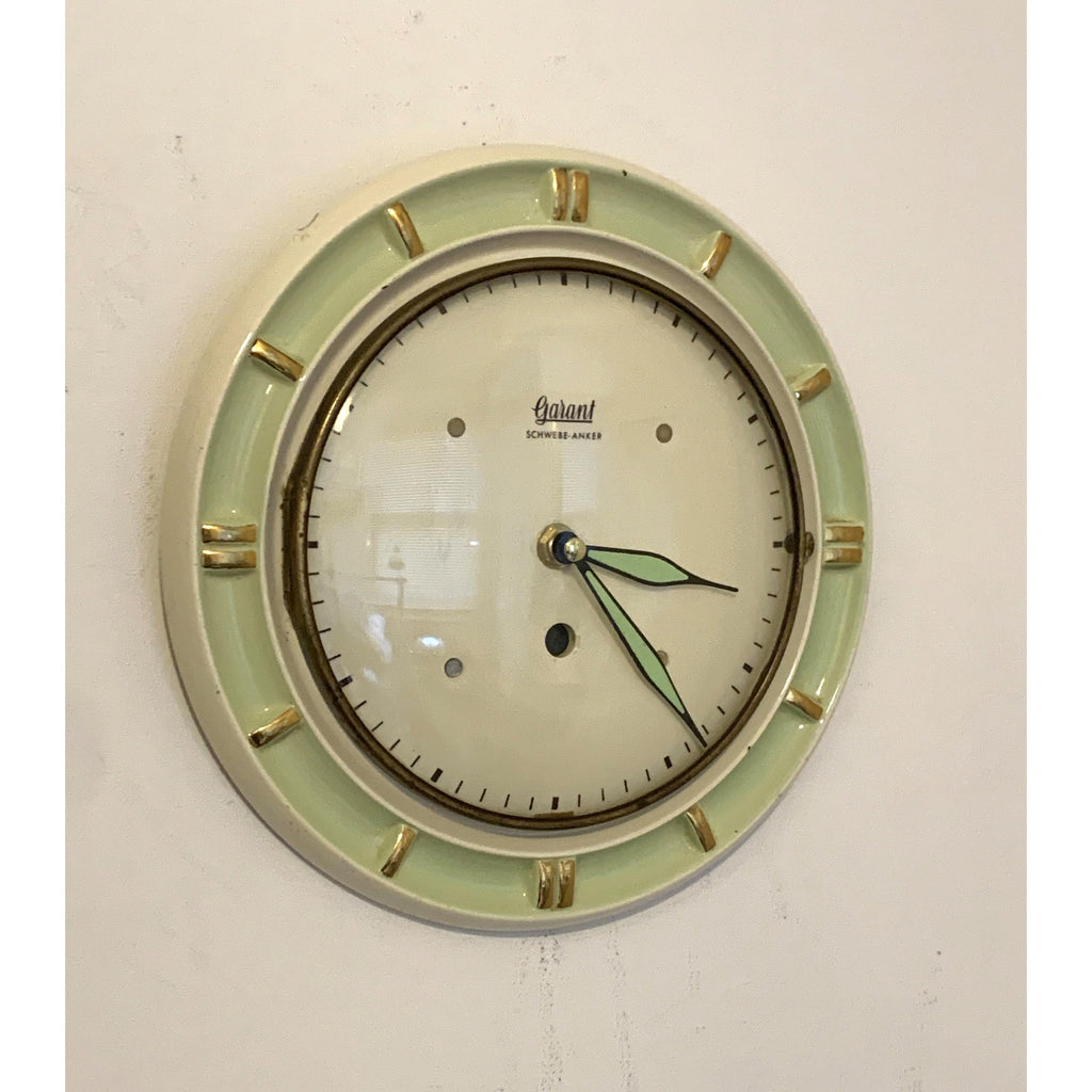 1950s Garant Schwebe-Anker Ceramic Wall Clock – Mint Green, West Germany, Mid Century Modern.