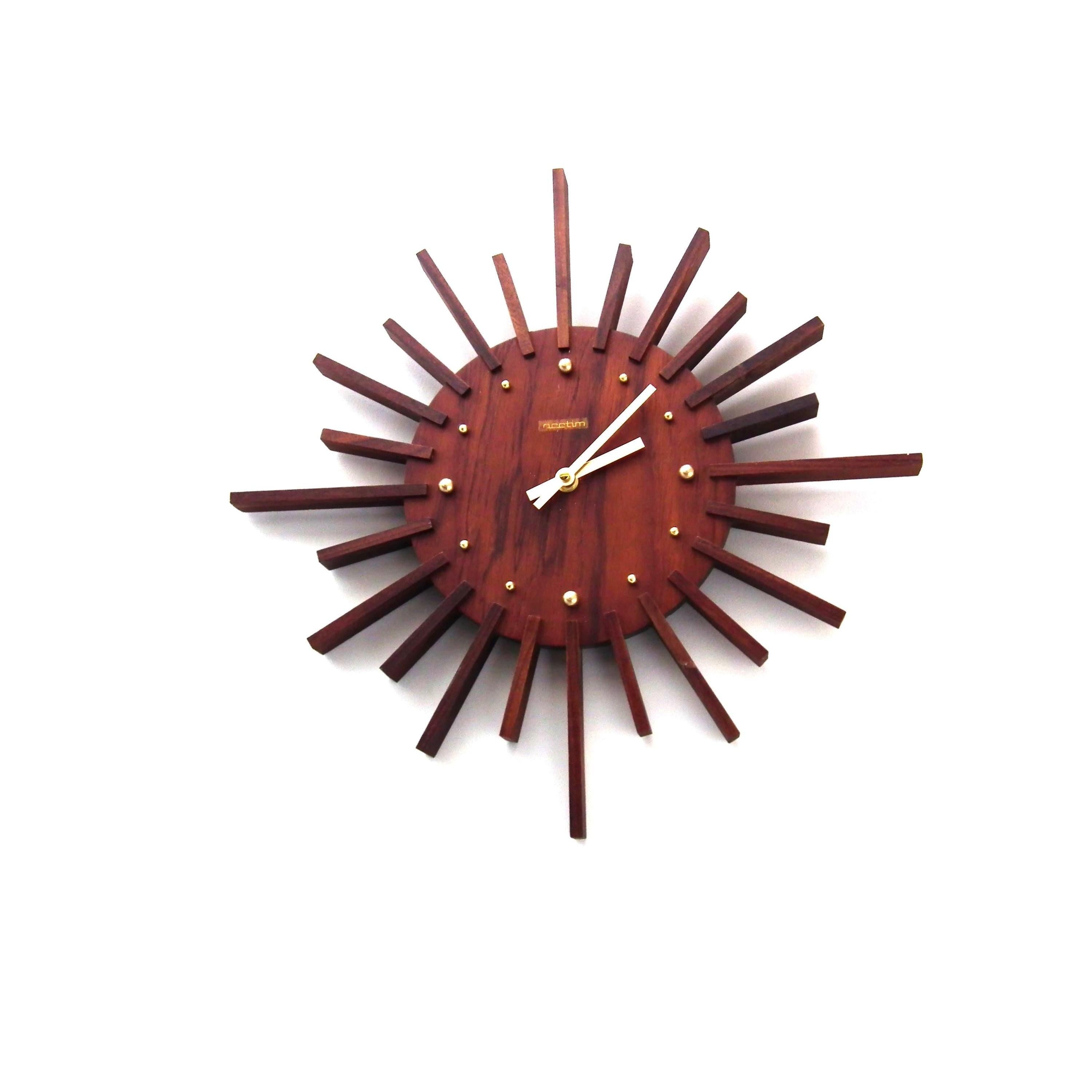 1960s Acctim Teak Sunburst Clock – Mid Century Modern Starburst Wall Decor