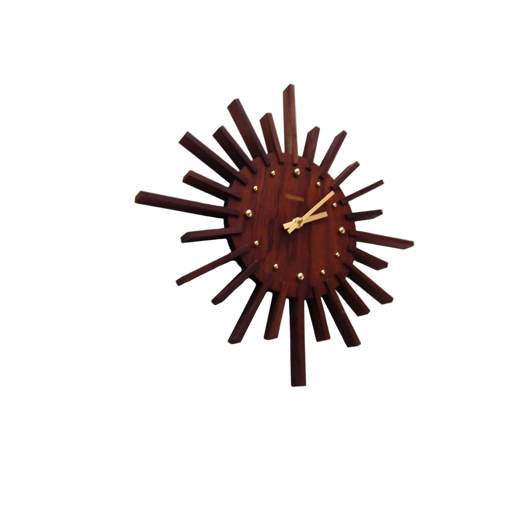 1960s Acctim Teak Sunburst Clock – Mid Century Modern Starburst Wall Decor