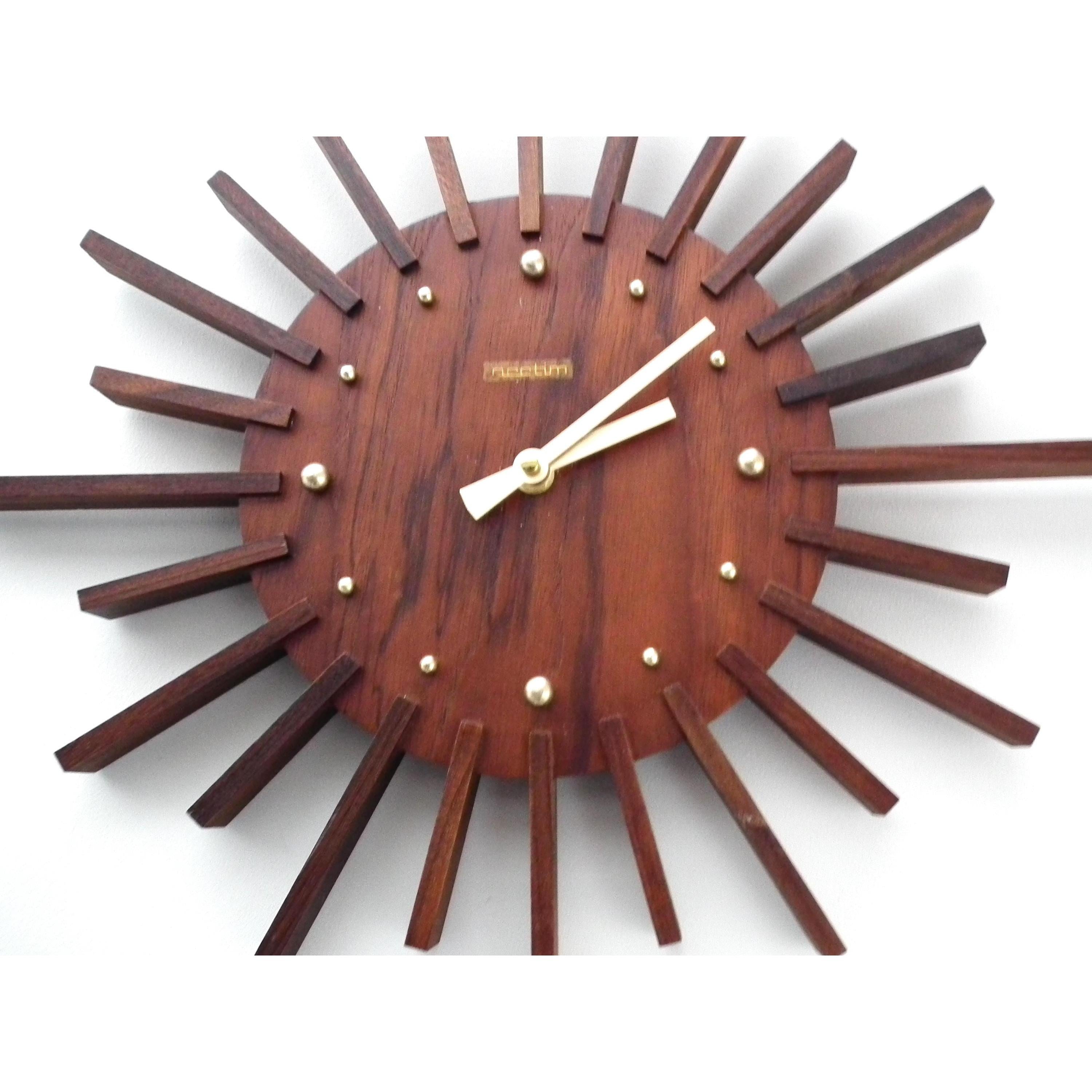 1960s Acctim Teak Sunburst Clock – Mid Century Modern Starburst Wall Decor