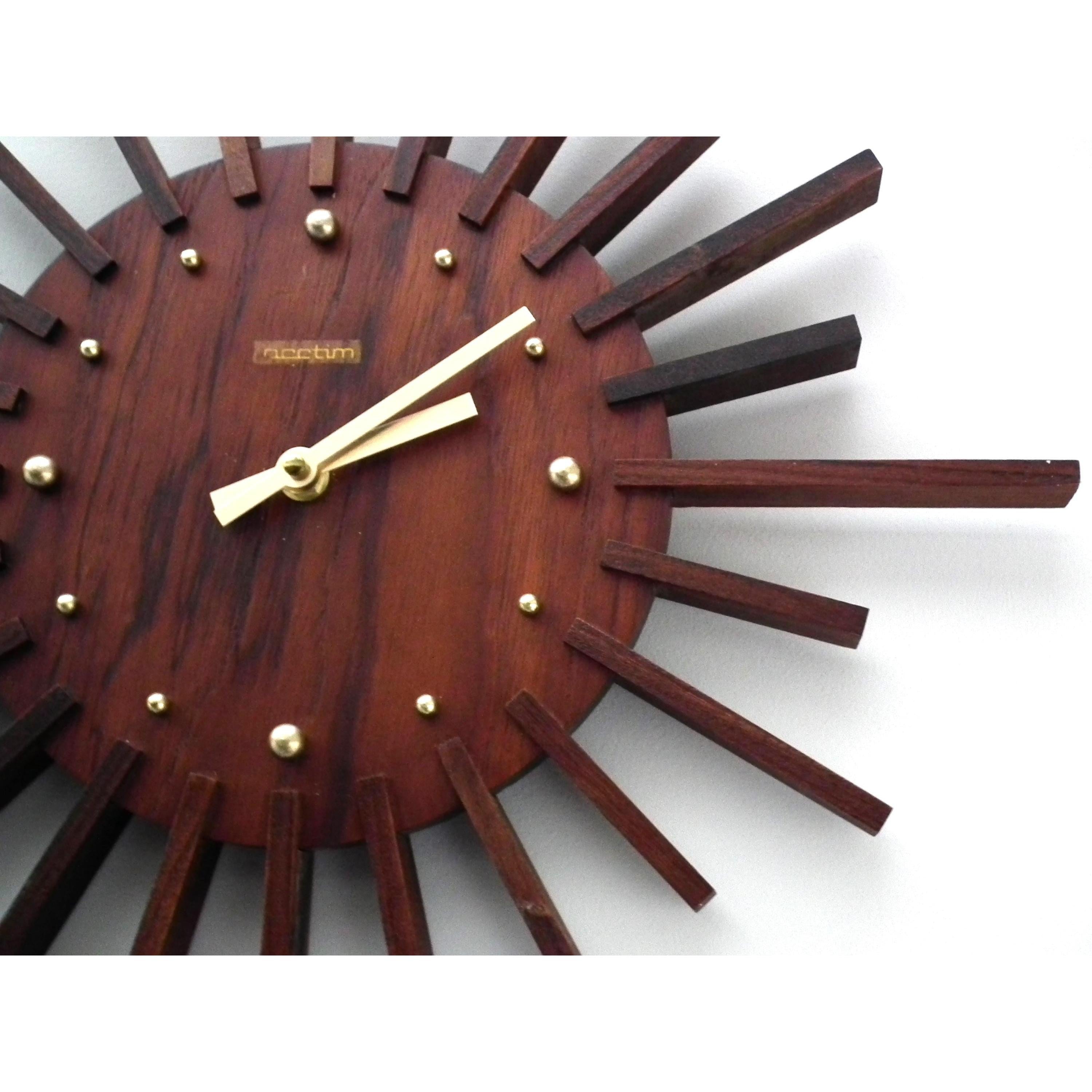 1960s Acctim Teak Sunburst Clock – Mid Century Modern Starburst Wall Decor