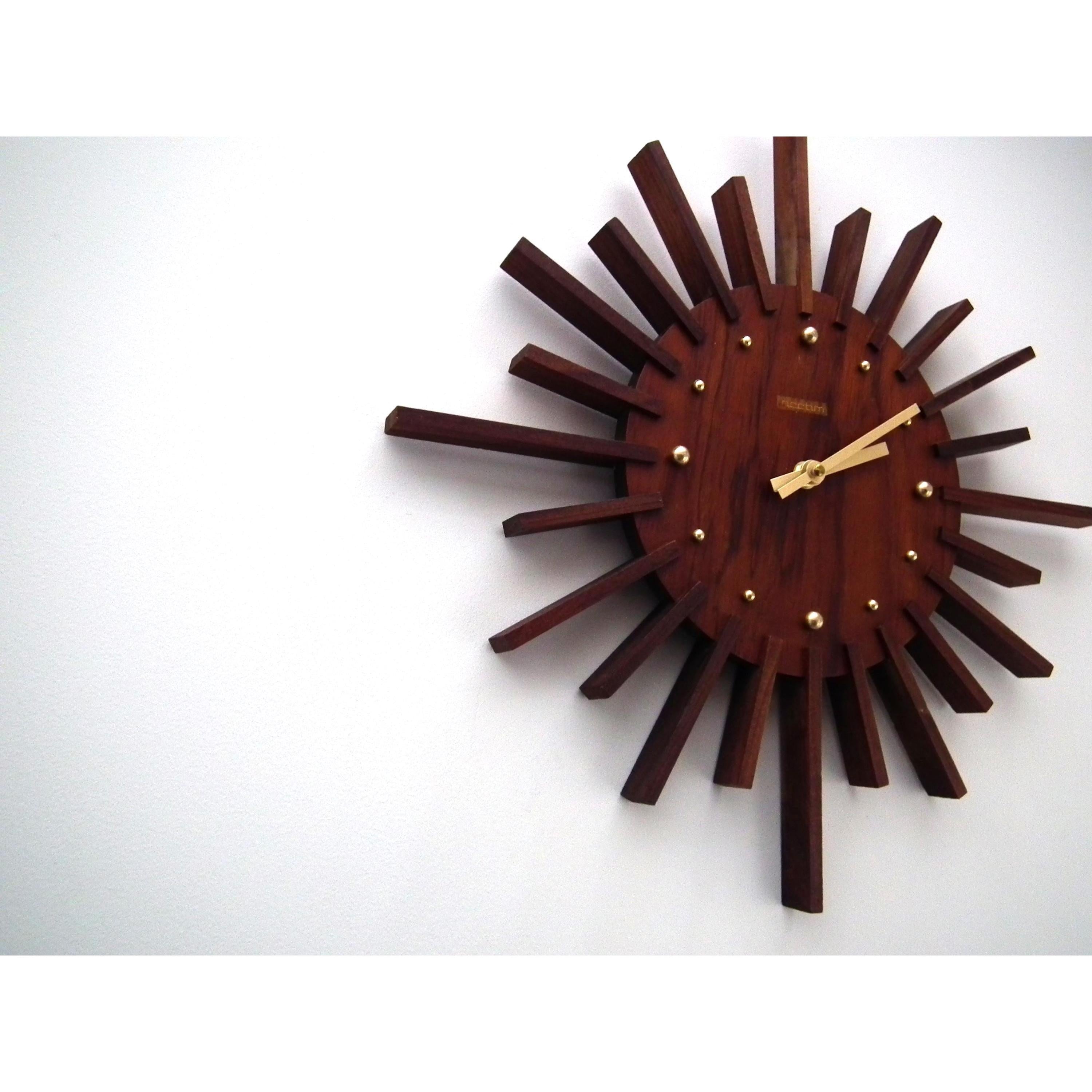 1960s Acctim Teak Sunburst Clock – Mid Century Modern Starburst Wall Decor