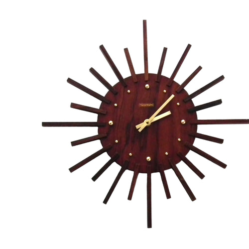 1960s Acctim Teak Sunburst Clock – Mid Century Modern Starburst Wall Decor