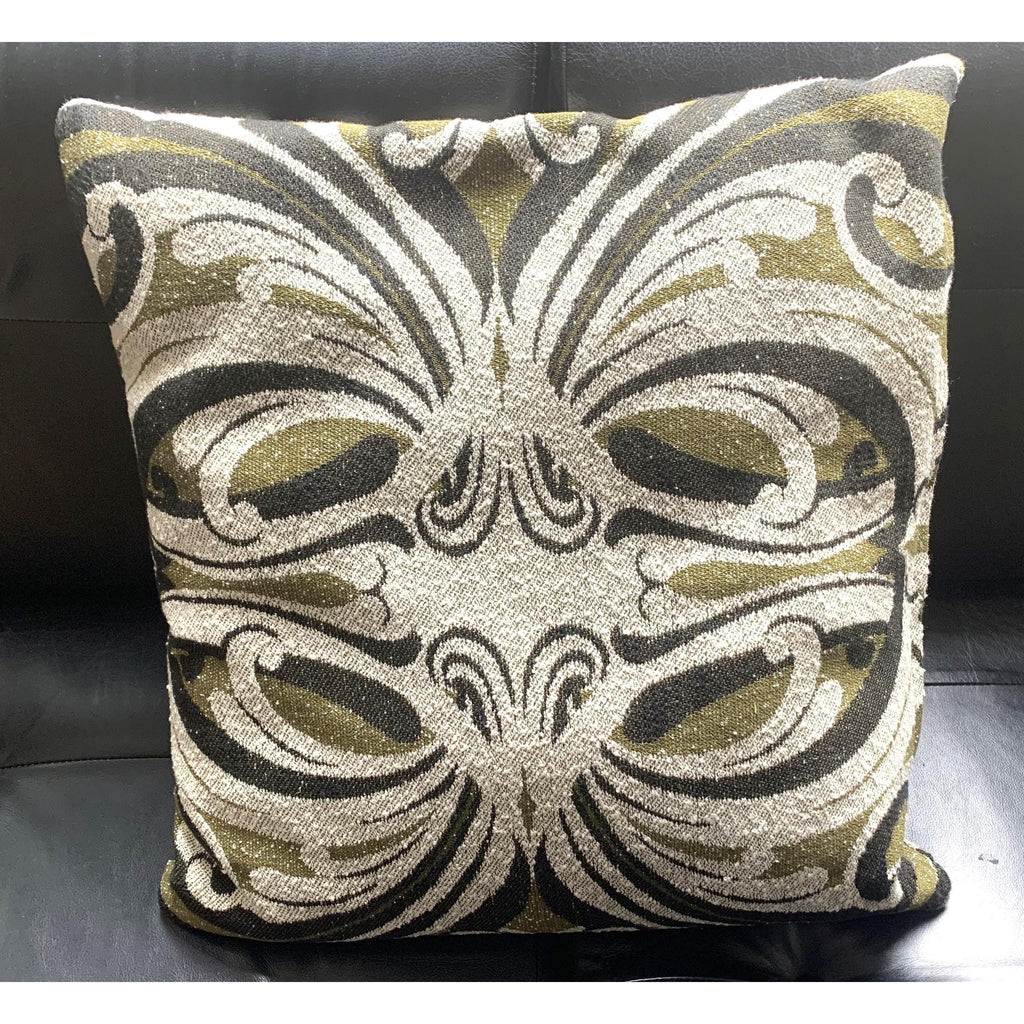 1960s Jacquard Cushion Covers – Olive Green Ivory Damask Textile Pair