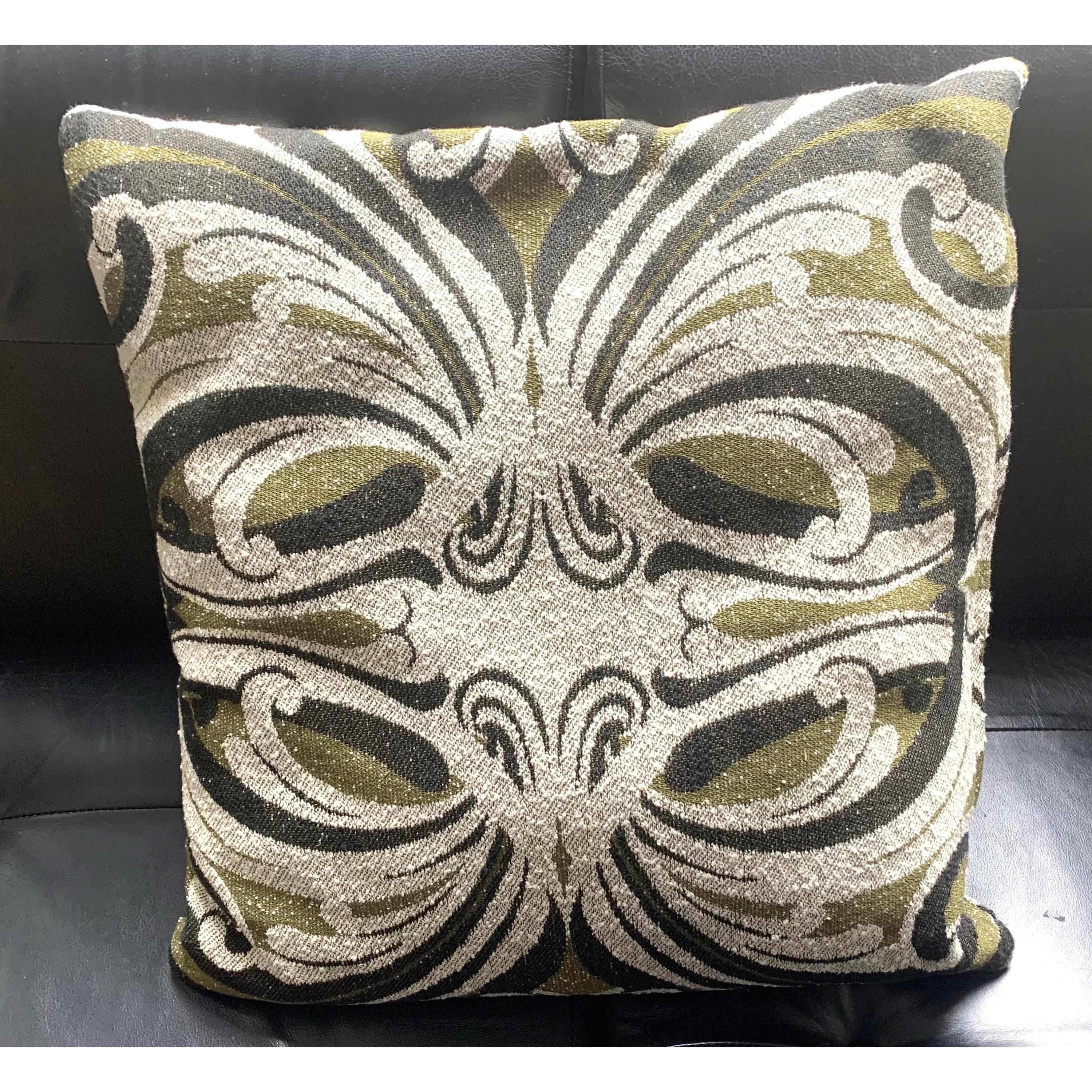 1960s Jacquard Cushion Covers – Olive Green Ivory Damask Textile Pair