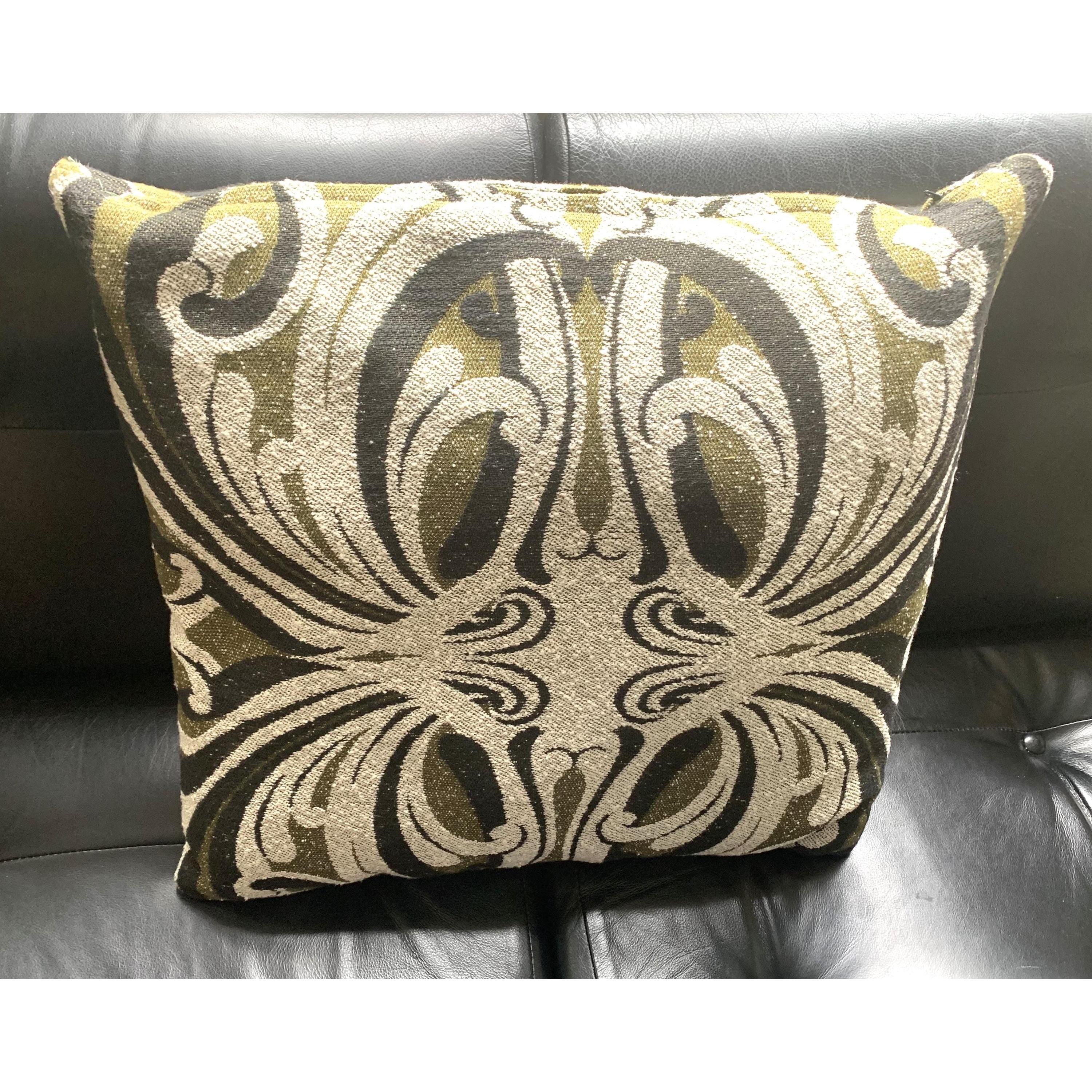 1960s Jacquard Cushion Covers – Olive Green Ivory Damask Textile Pair