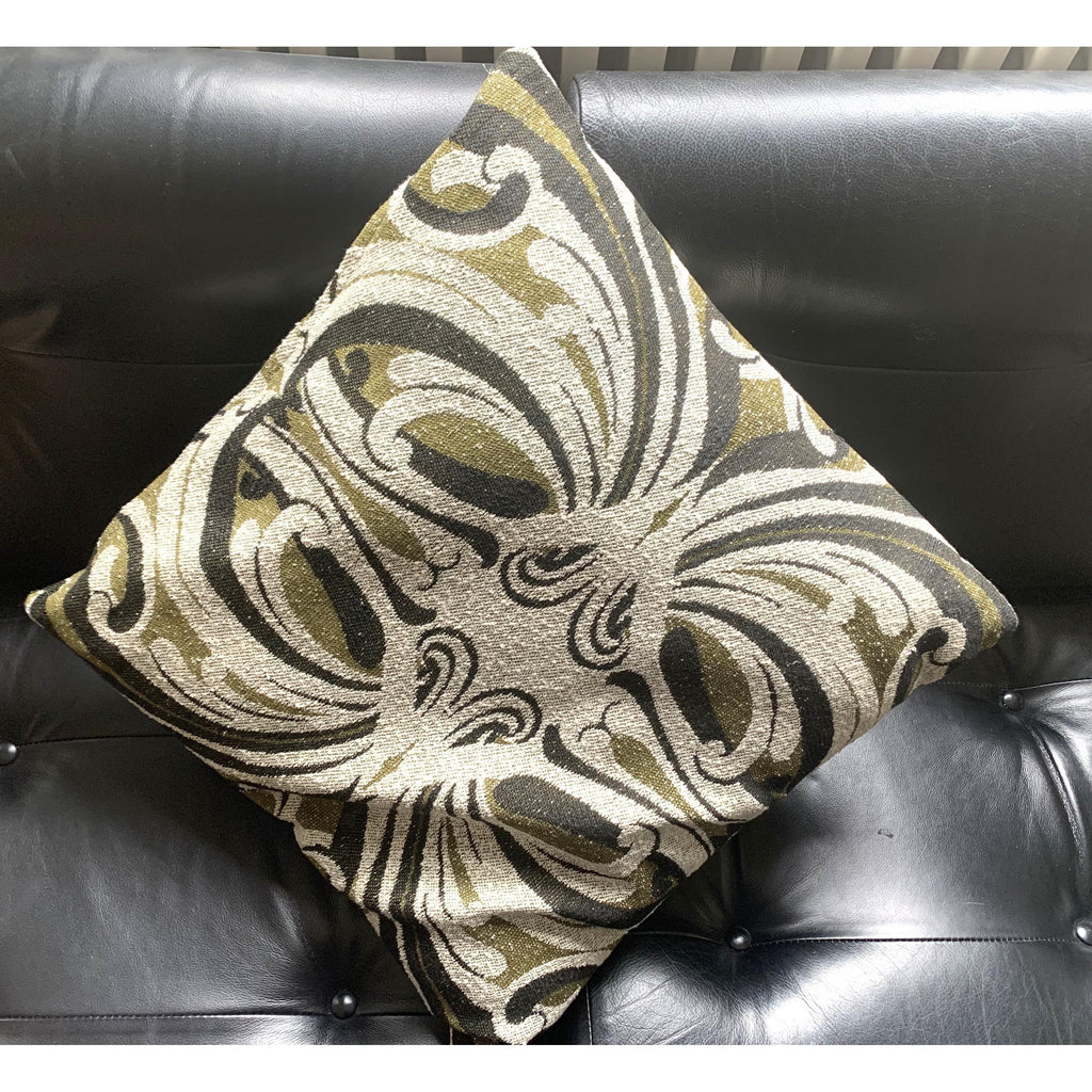 1960s Jacquard Cushion Covers – Olive Green Ivory Damask Textile Pair