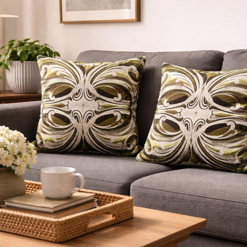 1960s Jacquard Cushion Covers – Olive Green Ivory Damask Textile Pair