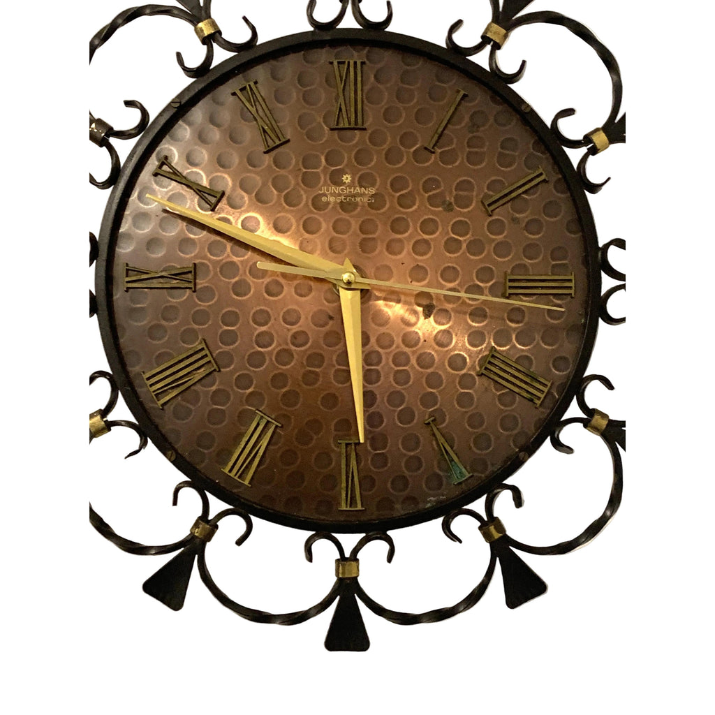 1960s Junghans Electronic Wall Clock – Wrought Iron Scrollwork Copper Dial West Germany Mid Century Modern