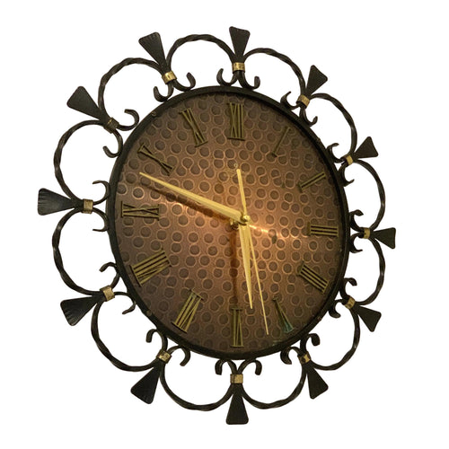 1960s Junghans Electronic Wall Clock – Wrought Iron Scrollwork Copper Dial West Germany Mid Century Modern