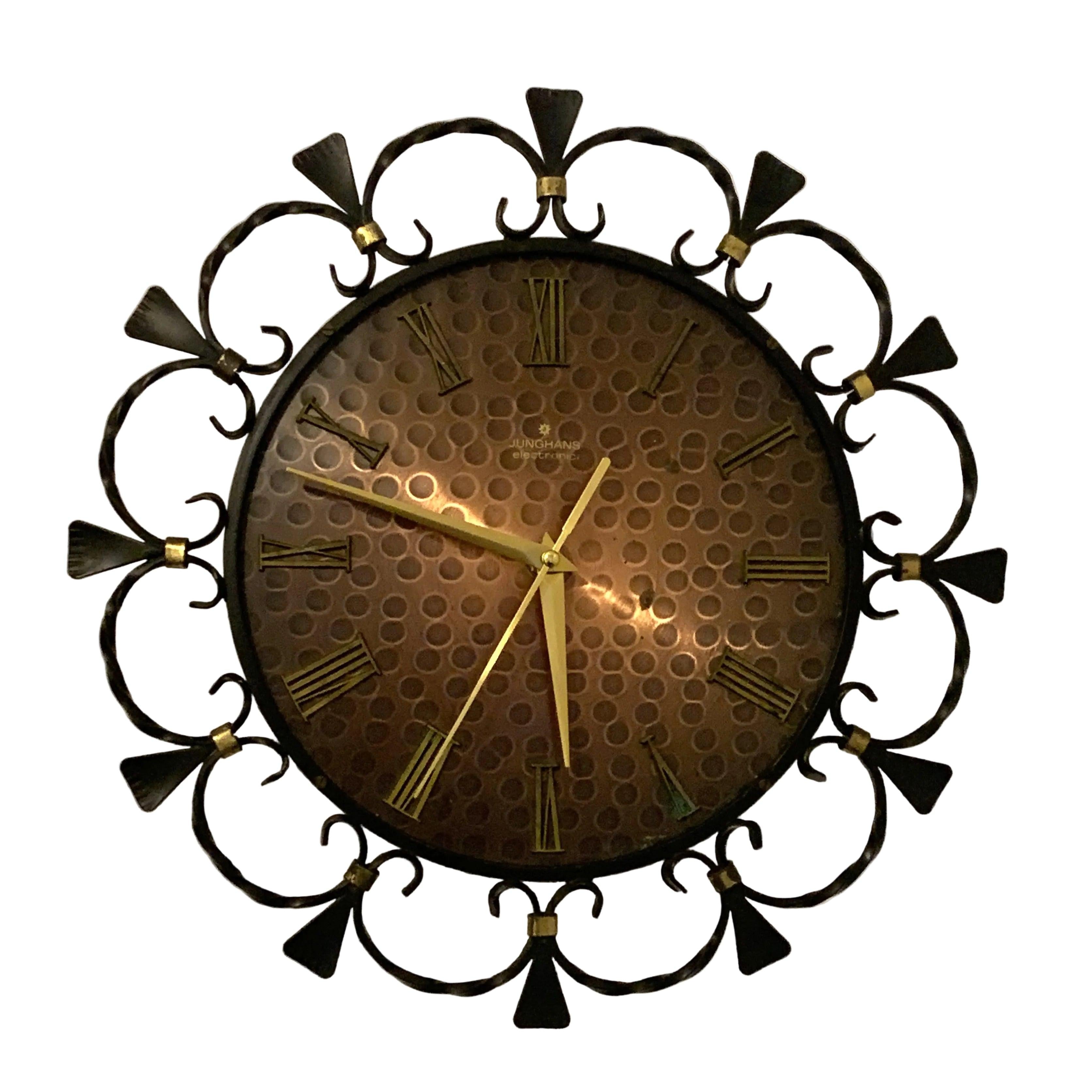 1960s Junghans Electronic Wall Clock – Wrought Iron Scrollwork Copper Dial West Germany Mid Century Modern