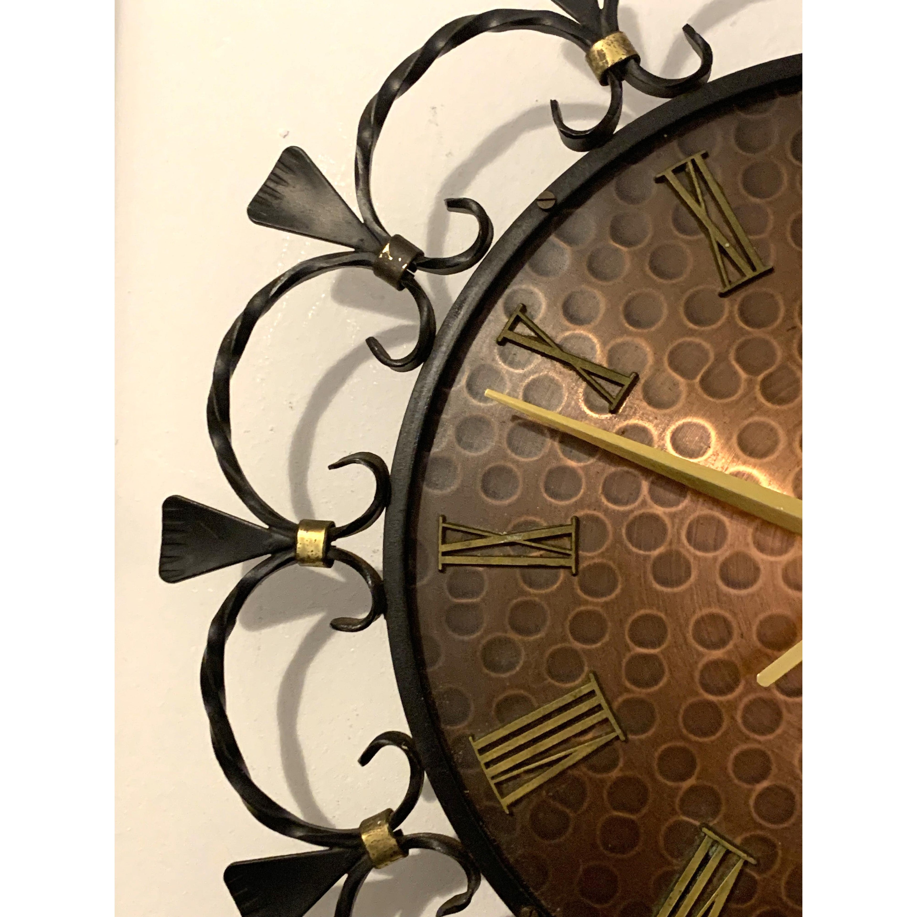 1960s Junghans Electronic Wall Clock – Wrought Iron Scrollwork Copper Dial West Germany Mid Century Modern