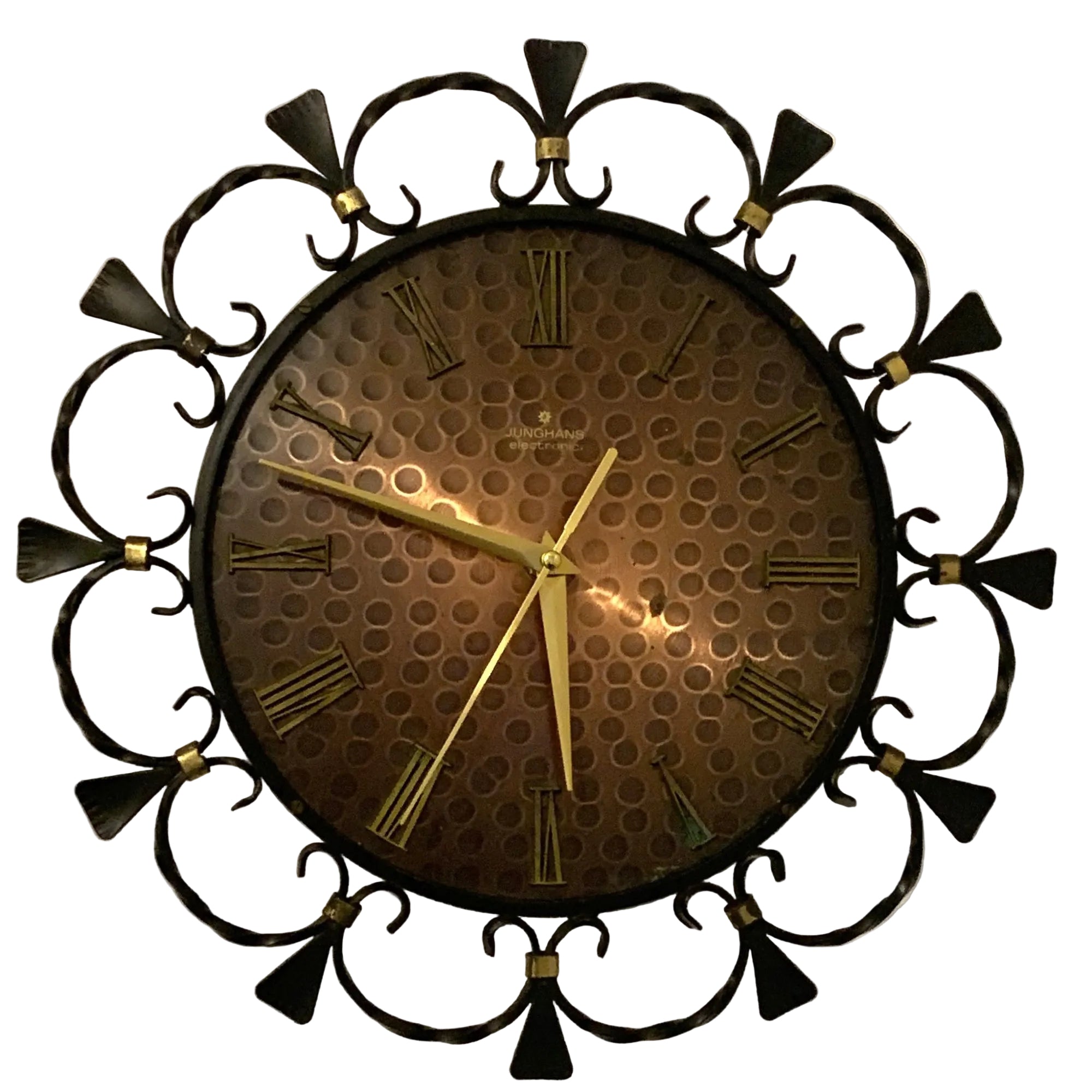 1960s Junghans Electronic Wall Clock – Wrought Iron Scrollwork Copper Dial West Germany Mid Century Modern