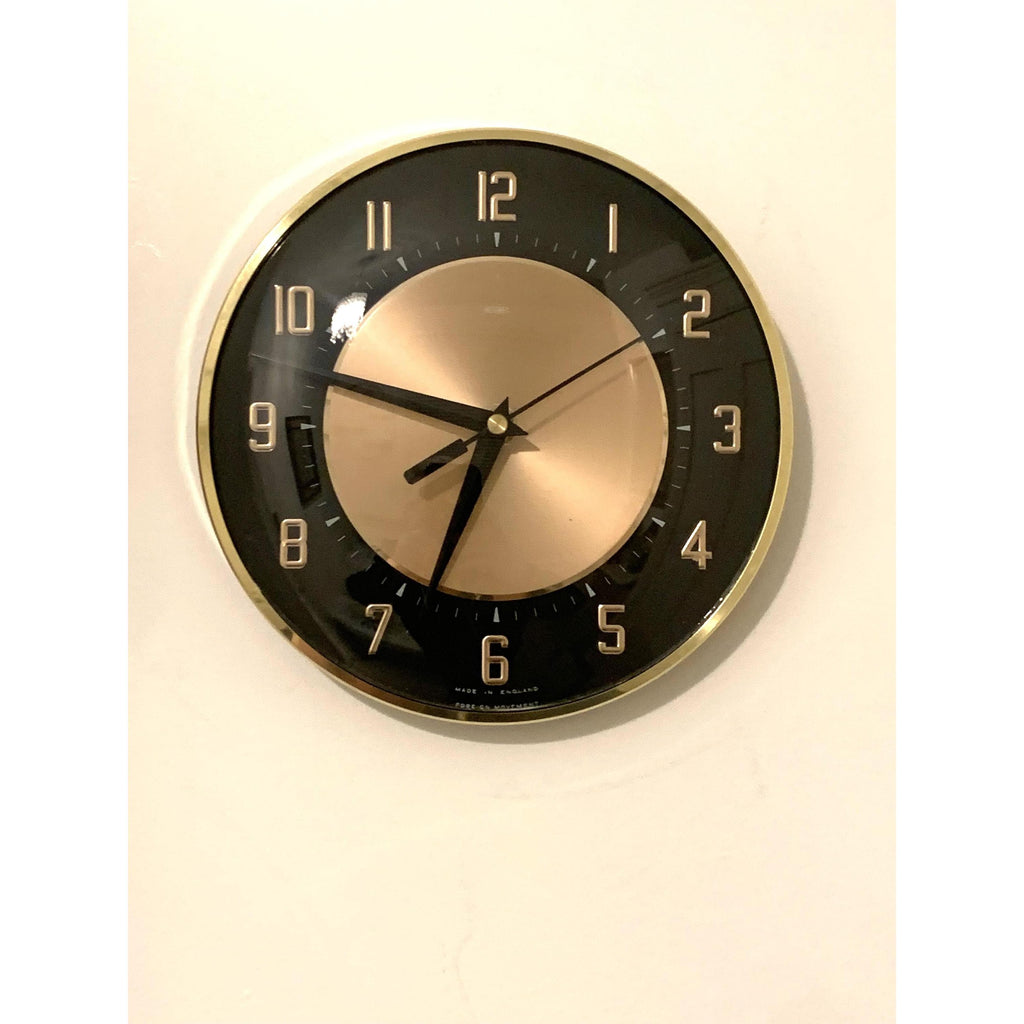 1960s Metamec Black Copper Wall Clock – Mid Century Modern Brass Bezel