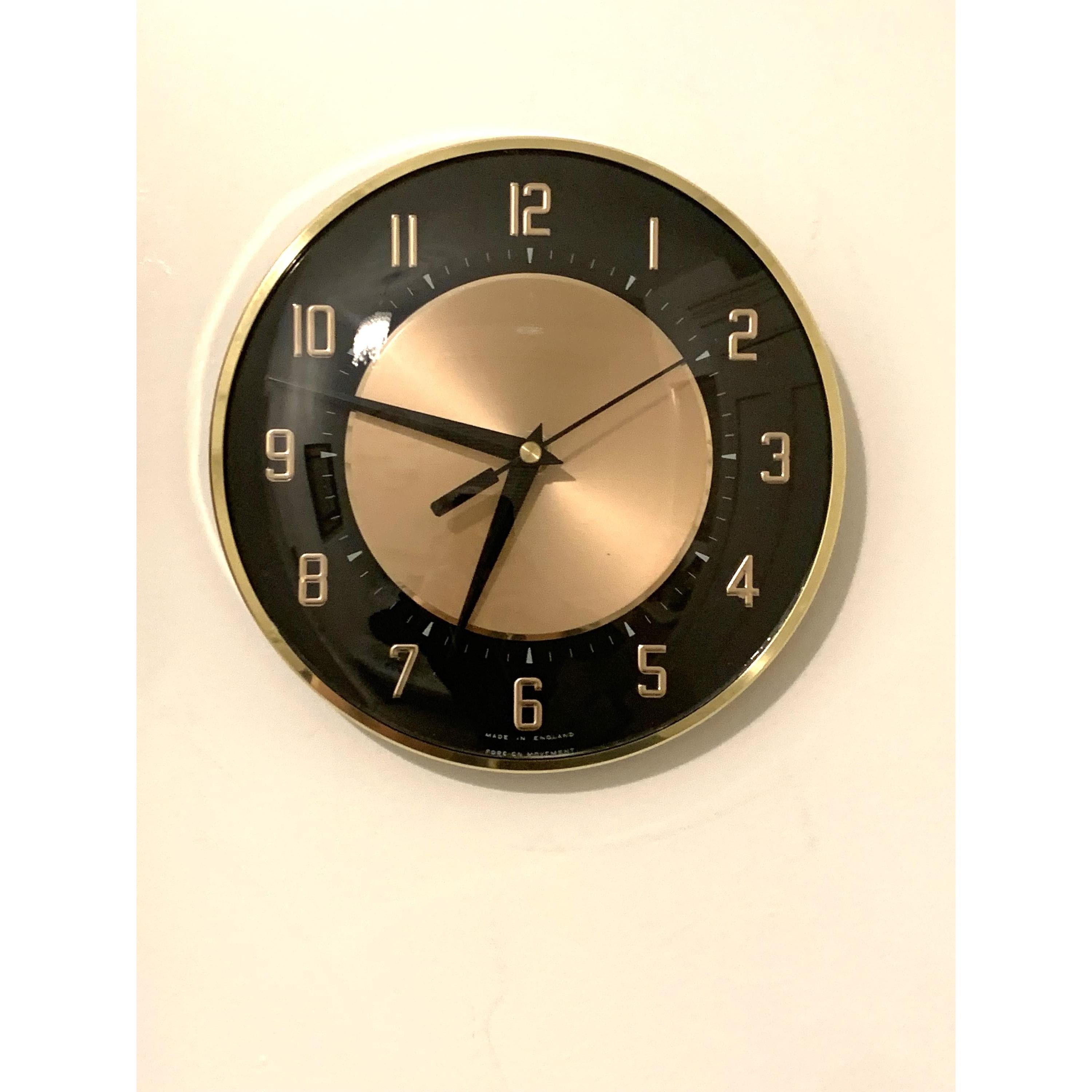 1960s Metamec Black Copper Wall Clock – Mid Century Modern Brass Bezel