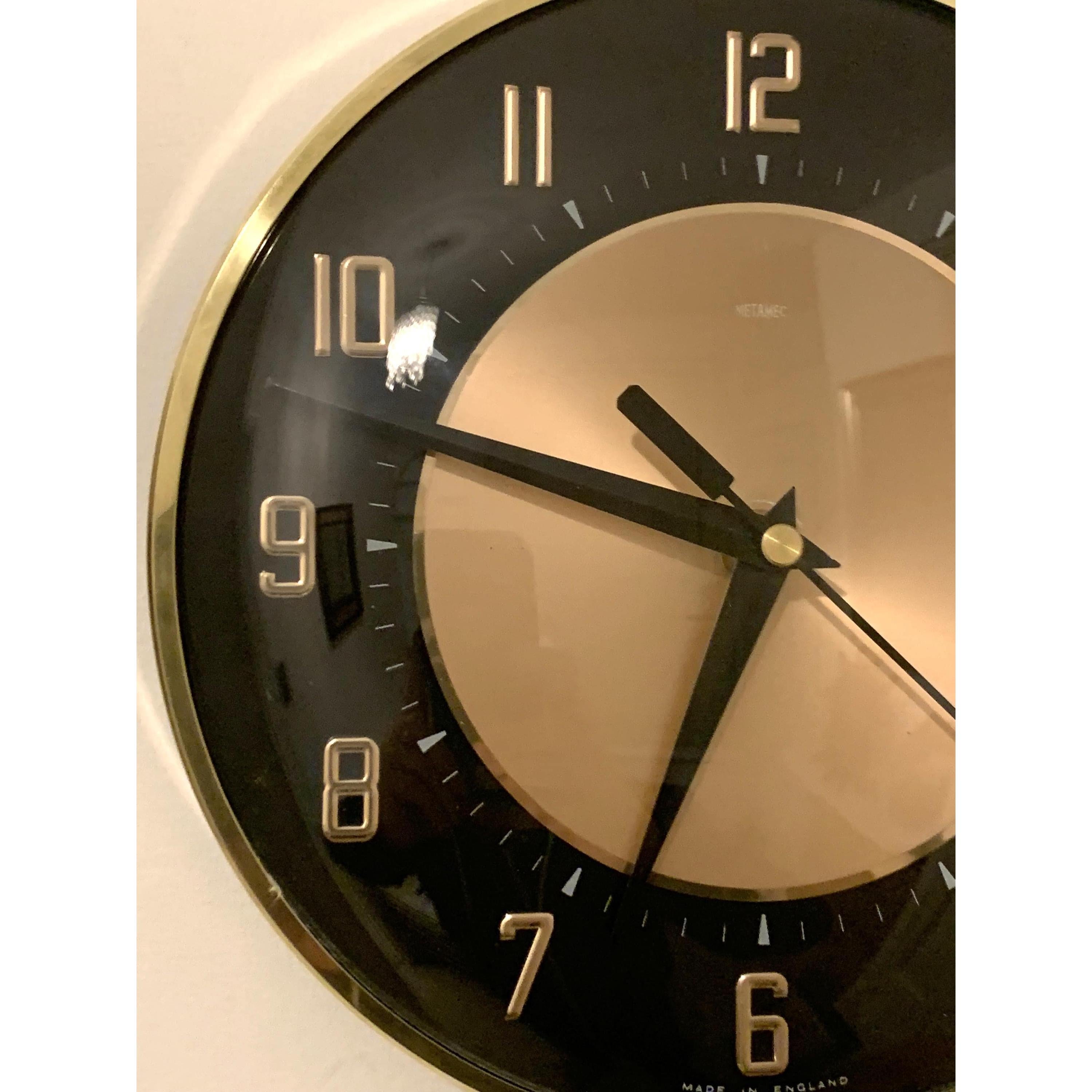 1960s Metamec Black Copper Wall Clock – Mid Century Modern Brass Bezel