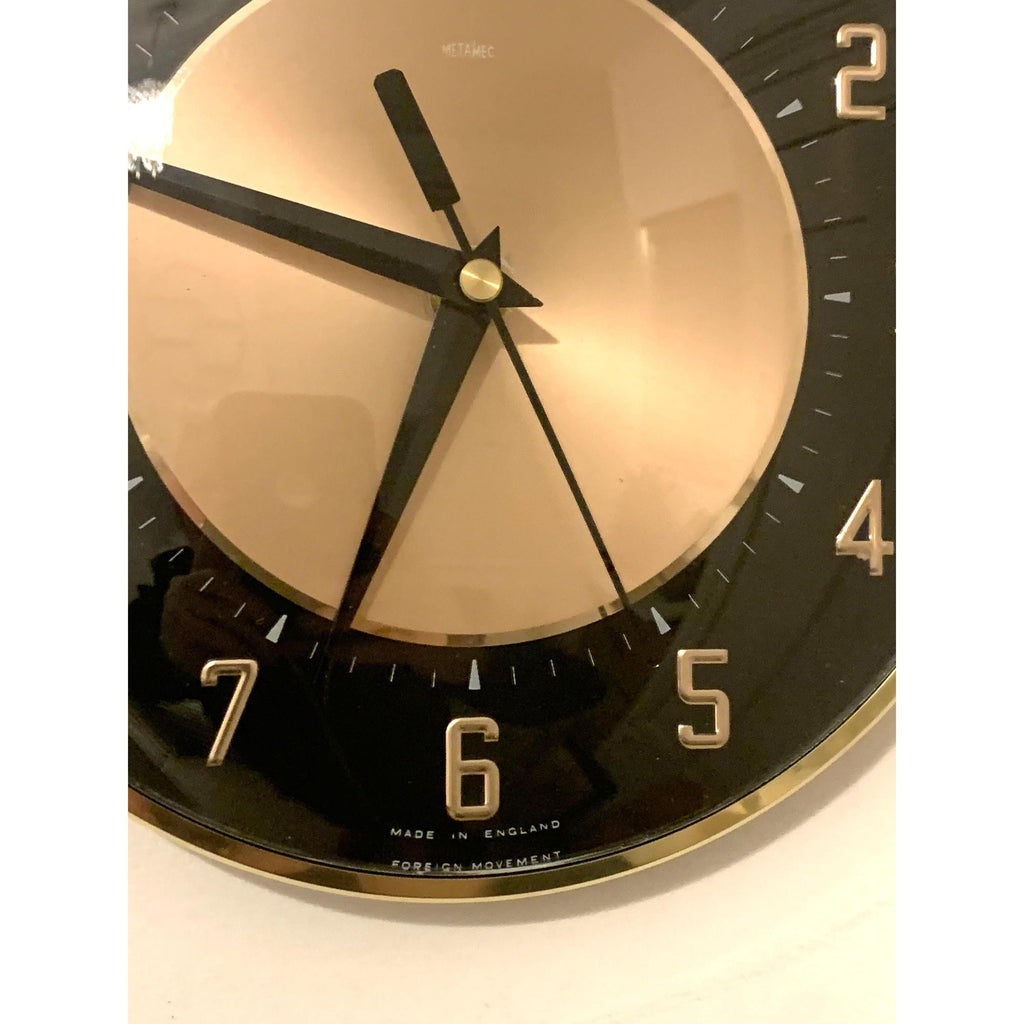 1960s Metamec Black Copper Wall Clock – Mid Century Modern Brass Bezel