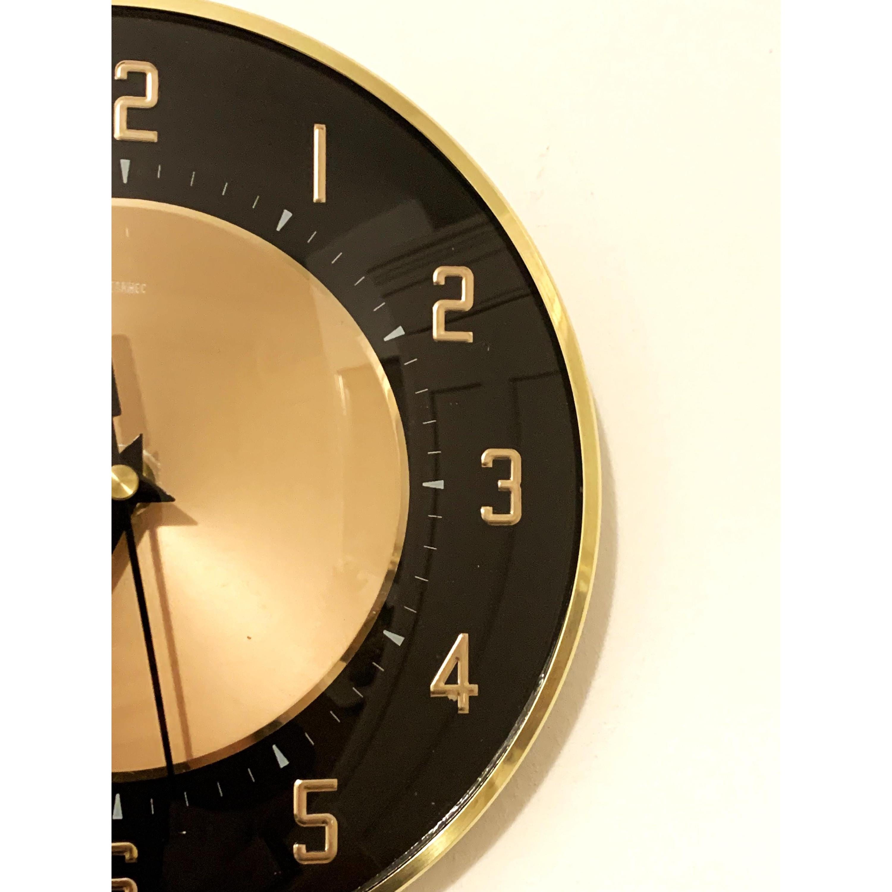 1960s Metamec Black Copper Wall Clock – Mid Century Modern Brass Bezel