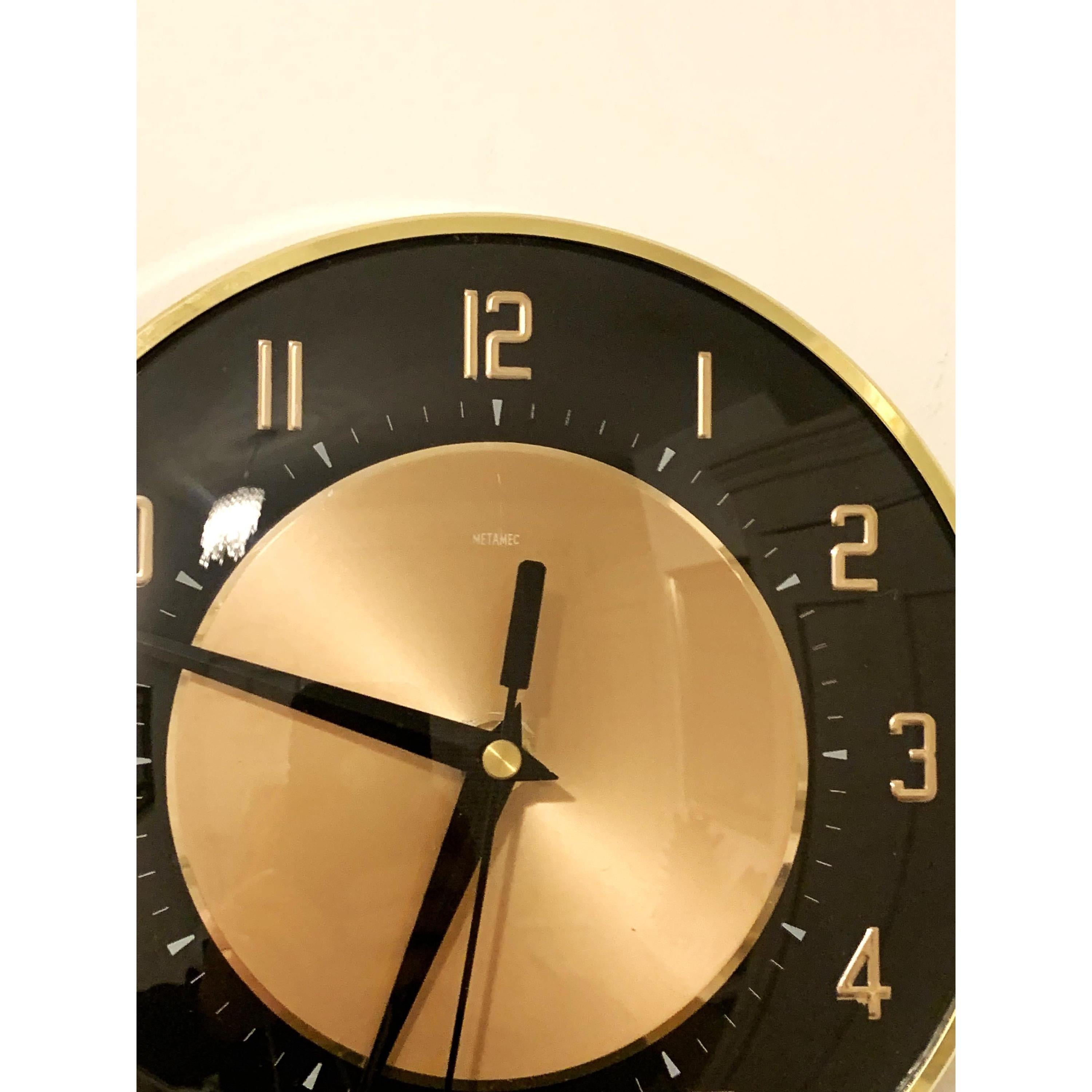 1960s Metamec Black Copper Wall Clock – Mid Century Modern Brass Bezel