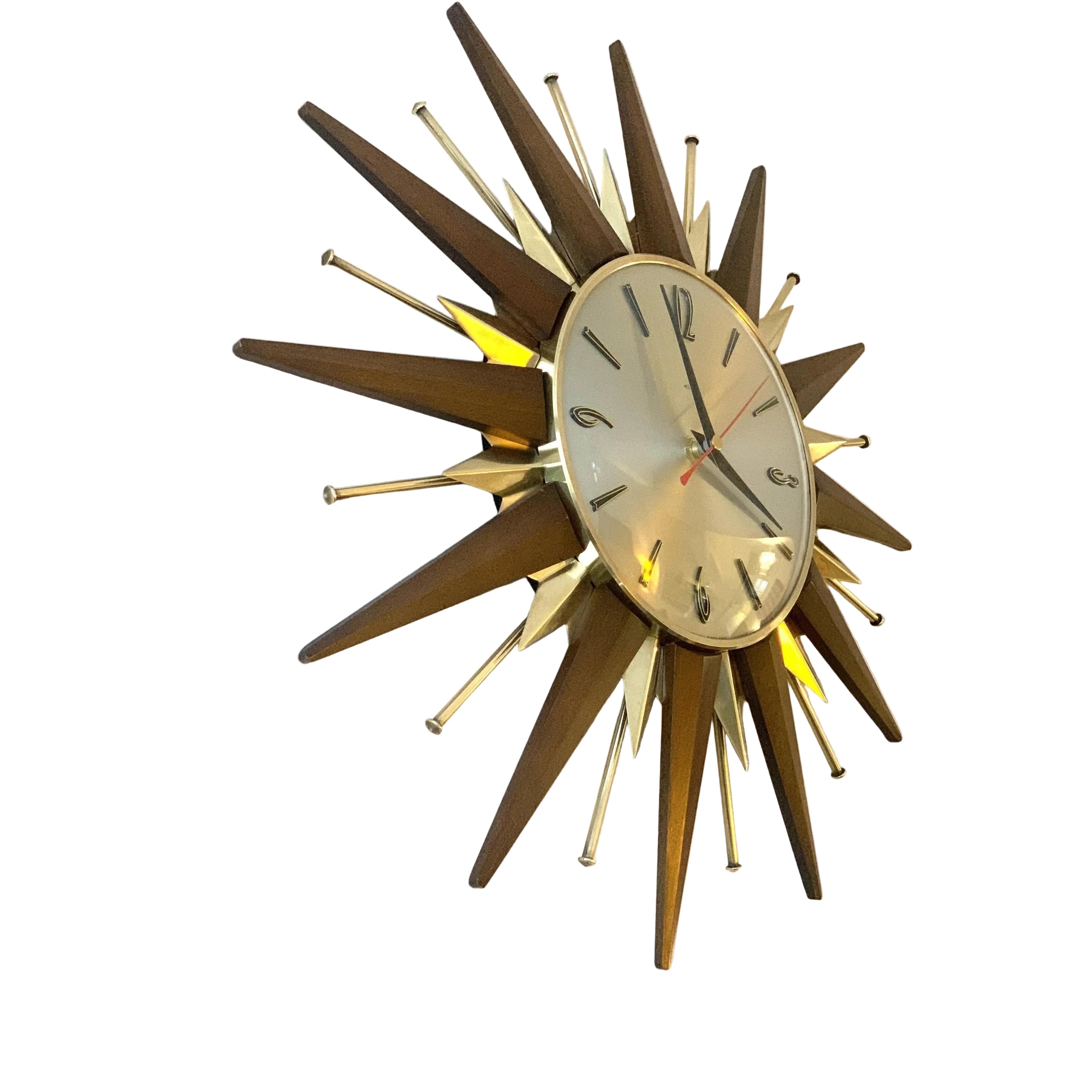 1960s Metamec Teak Brass Sunburst Clock – Mid Century Modern Wall Art