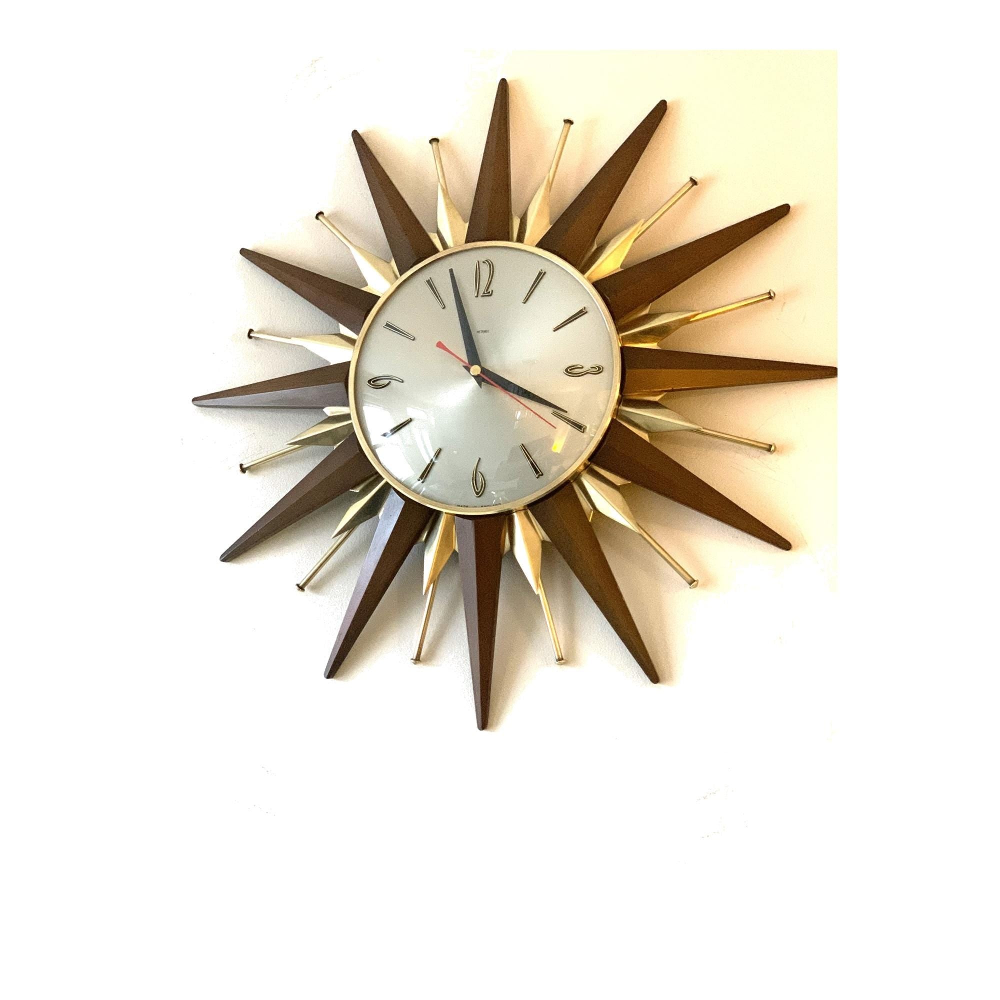1960s Metamec Teak Brass Sunburst Clock – Mid Century Modern Wall Art