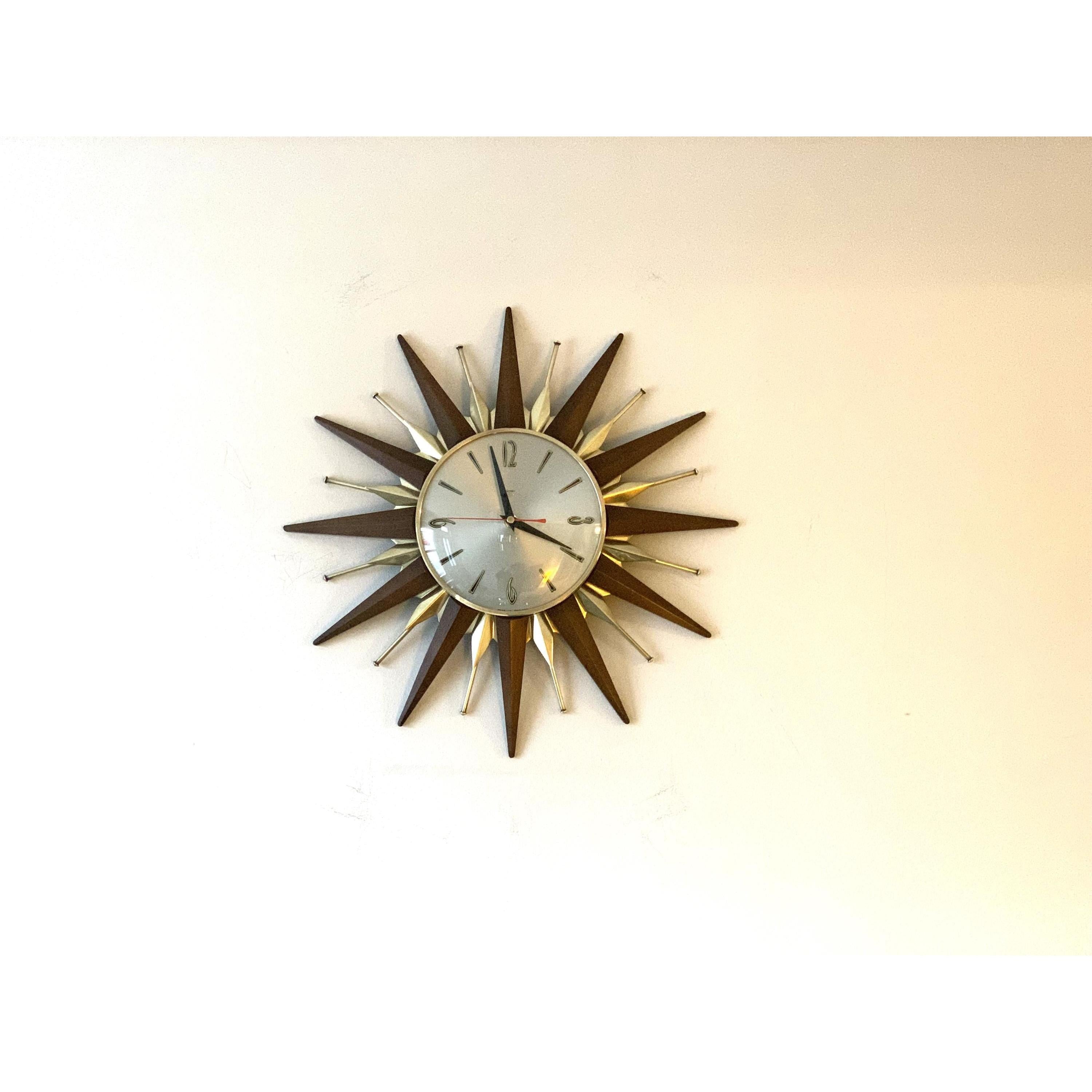 1960s Metamec Teak Brass Sunburst Clock – Mid Century Modern Wall Art
