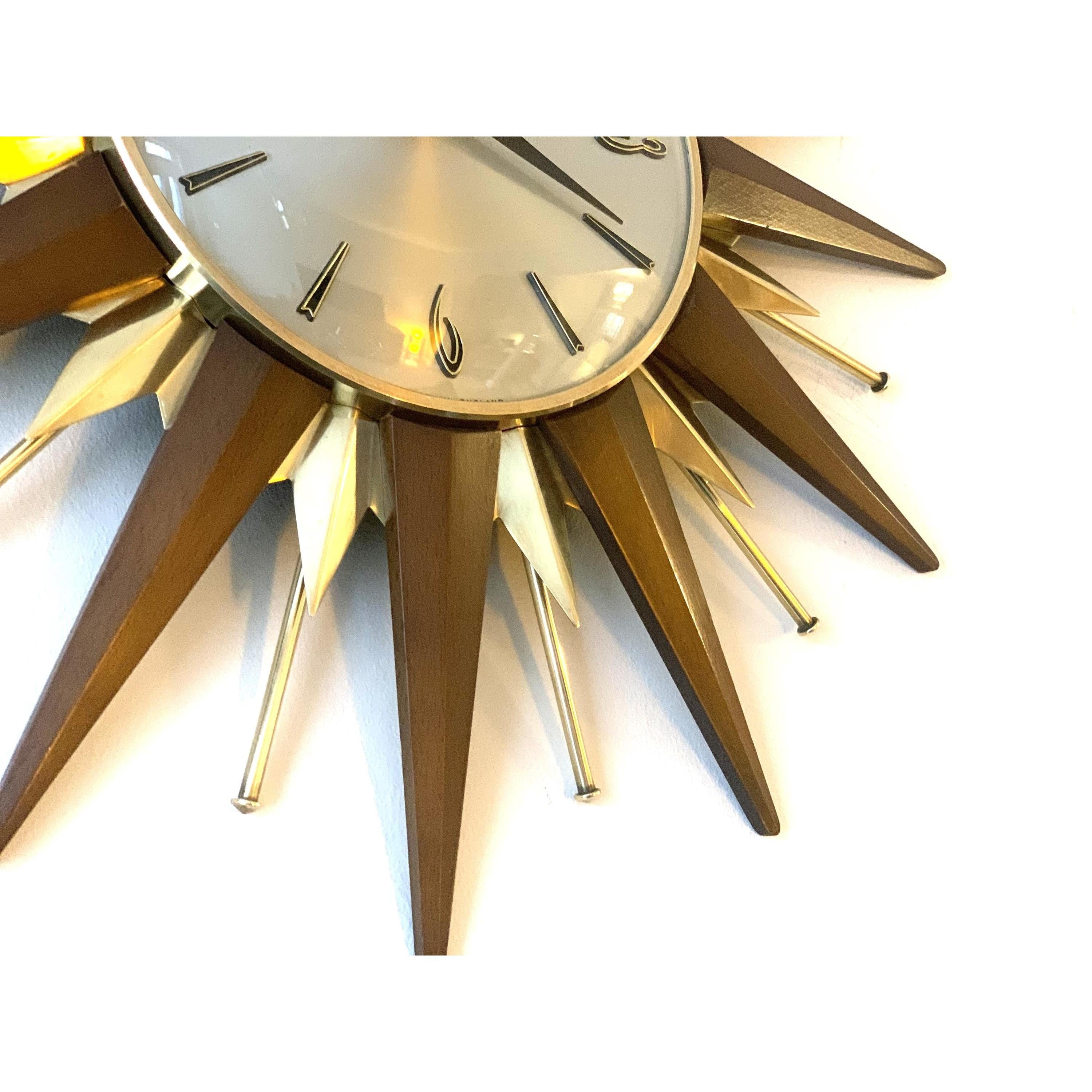 1960s Metamec Teak Brass Sunburst Clock – Mid Century Modern Wall Art
