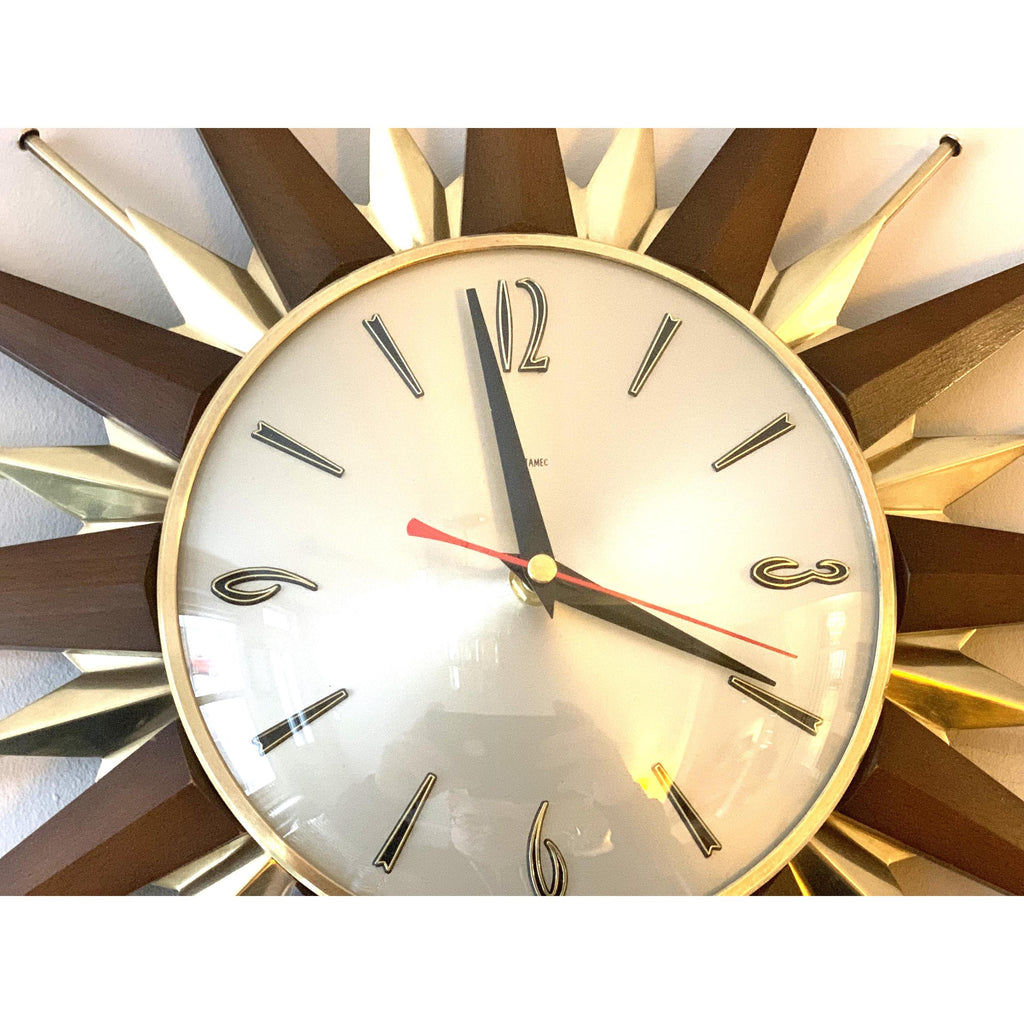 1960s Metamec Teak Brass Sunburst Clock – Mid Century Modern Wall Art