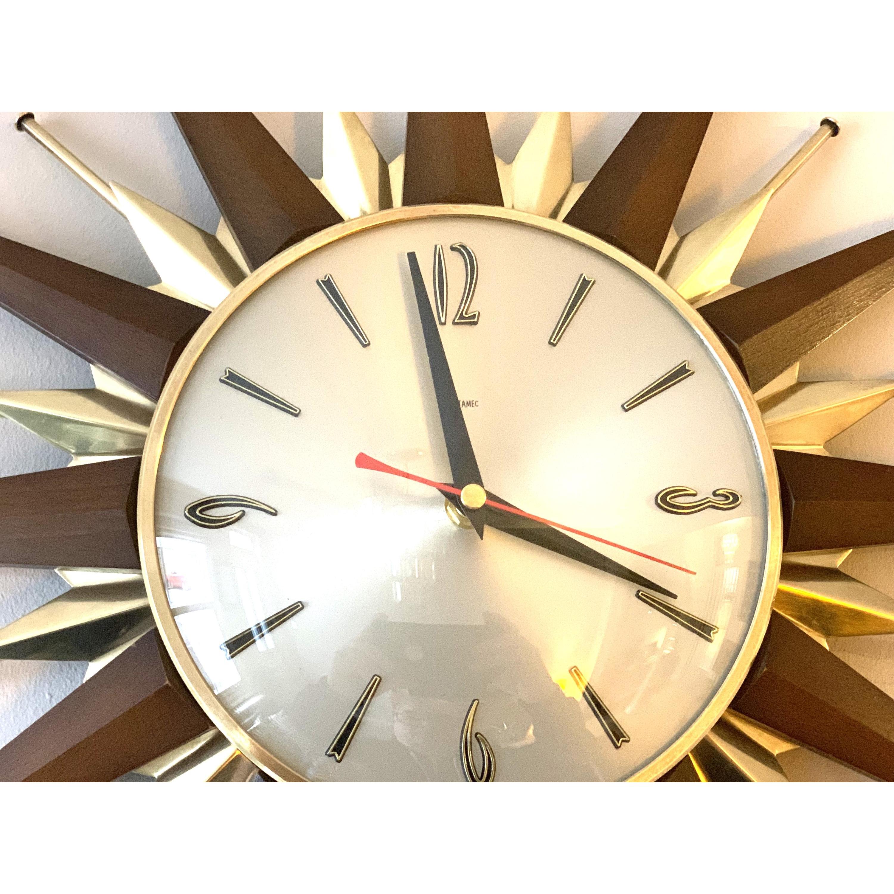 1960s Metamec Teak Brass Sunburst Clock – Mid Century Modern Wall Art