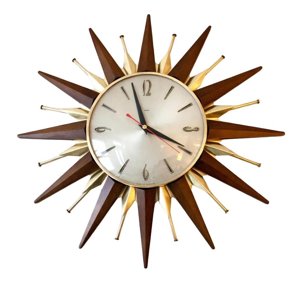 1960s Metamec Teak Brass Sunburst Clock – Mid Century Modern Wall Art