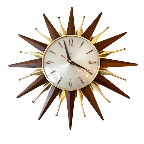 1960s Metamec Teak Brass Sunburst Clock – Mid Century Modern Wall Art