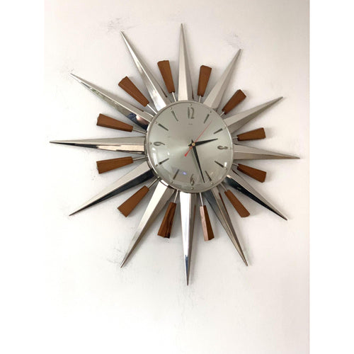 1960s Metamec Teak Nickel Sunburst Clock – Rare Eames Era Mid Century Modern Wall Art