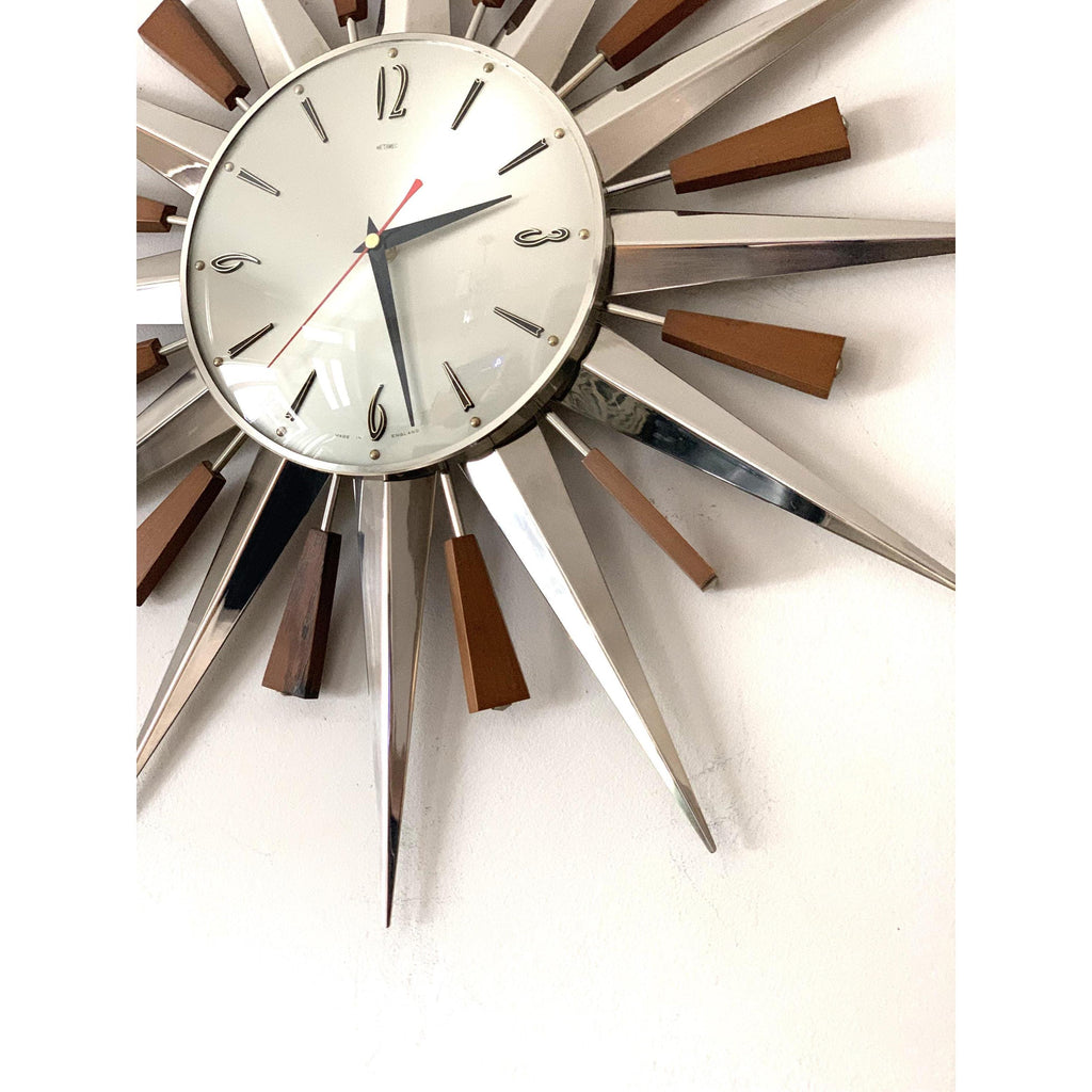 1960s Metamec Teak Nickel Sunburst Clock – Rare Eames Era Mid Century Modern Wall Art