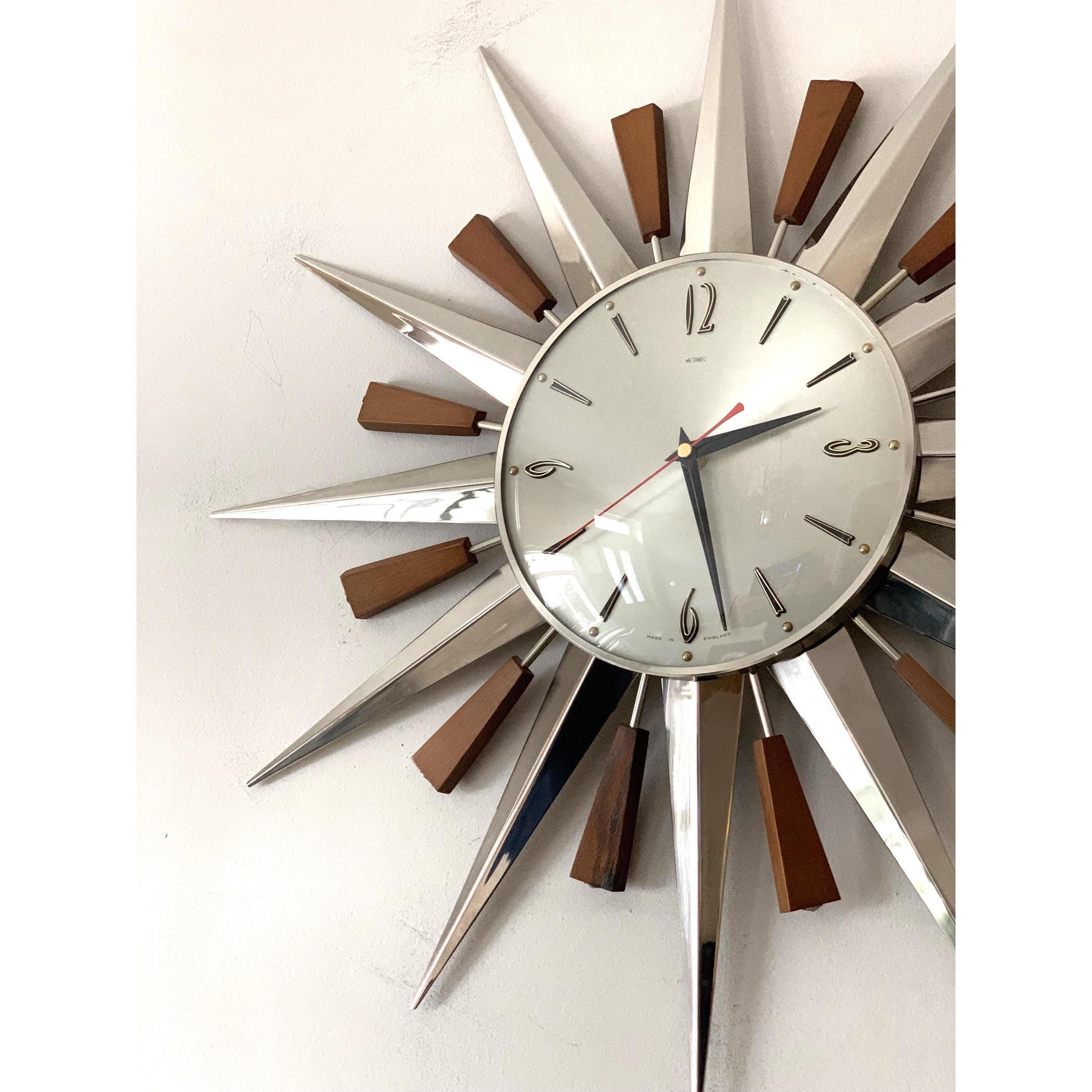 1960s Metamec Teak Nickel Sunburst Clock – Rare Eames Era Mid Century Modern Wall Art