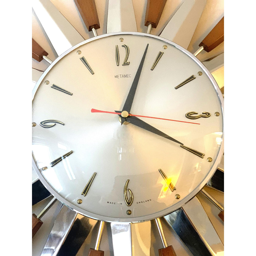 1960s Metamec Teak Nickel Sunburst Clock – Rare Eames Era Mid Century Modern Wall Art