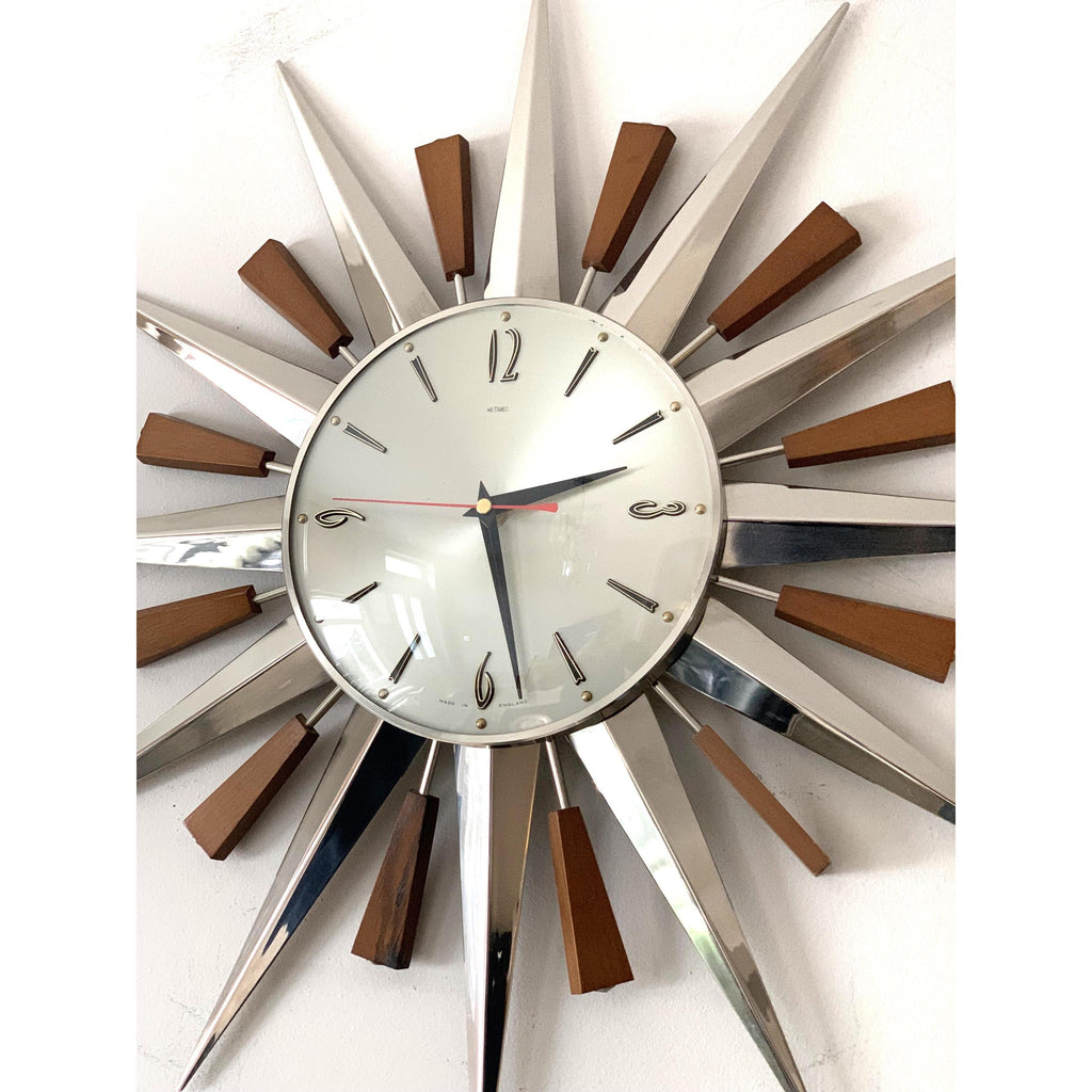 1960s Metamec Teak Nickel Sunburst Clock – Rare Eames Era Mid Century Modern Wall Art