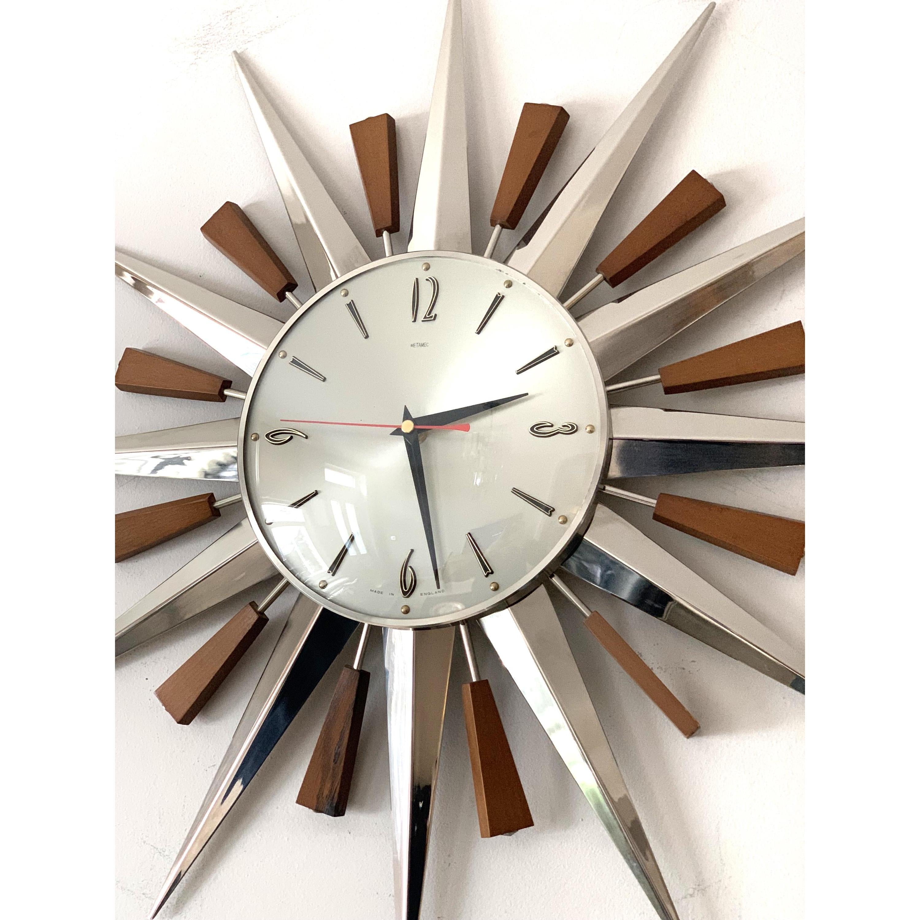 1960s Metamec Teak Nickel Sunburst Clock – Rare Eames Era Mid Century Modern Wall Art