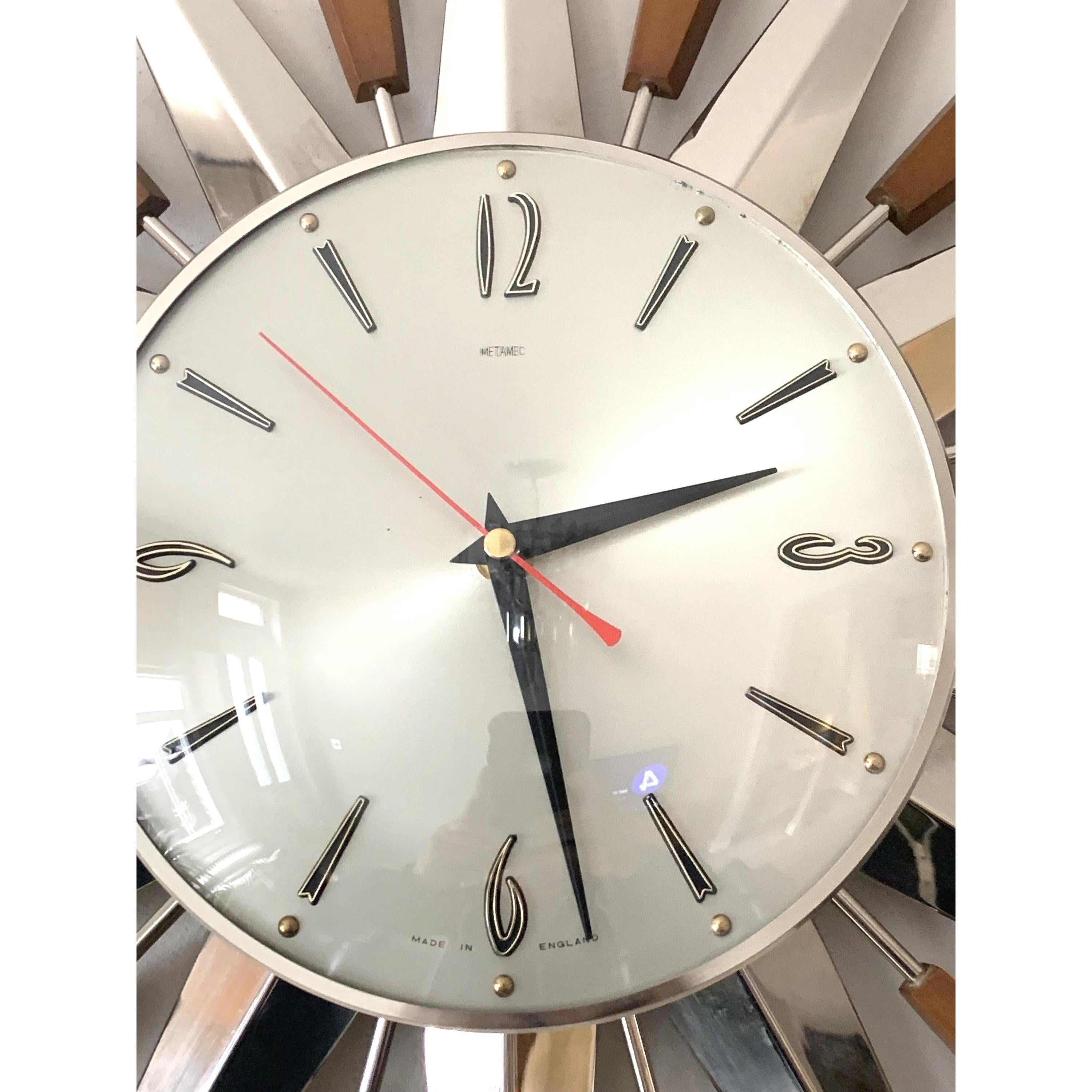 1960s Metamec Teak Nickel Sunburst Clock – Rare Eames Era Mid Century Modern Wall Art