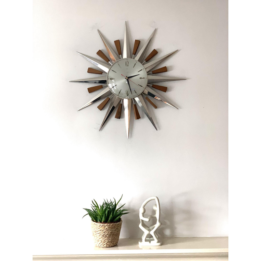 1960s Metamec Teak Nickel Sunburst Clock – Rare Eames Era Mid Century Modern Wall Art