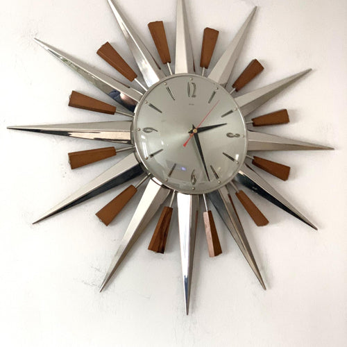 1960s Metamec Teak Nickel Sunburst Clock – Rare Eames Era Mid Century Modern Wall Art