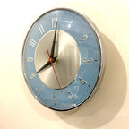 1960s Metamec Wall Clock Blue Silver Bakelite Kitchen Clock Quartz 7 Inch