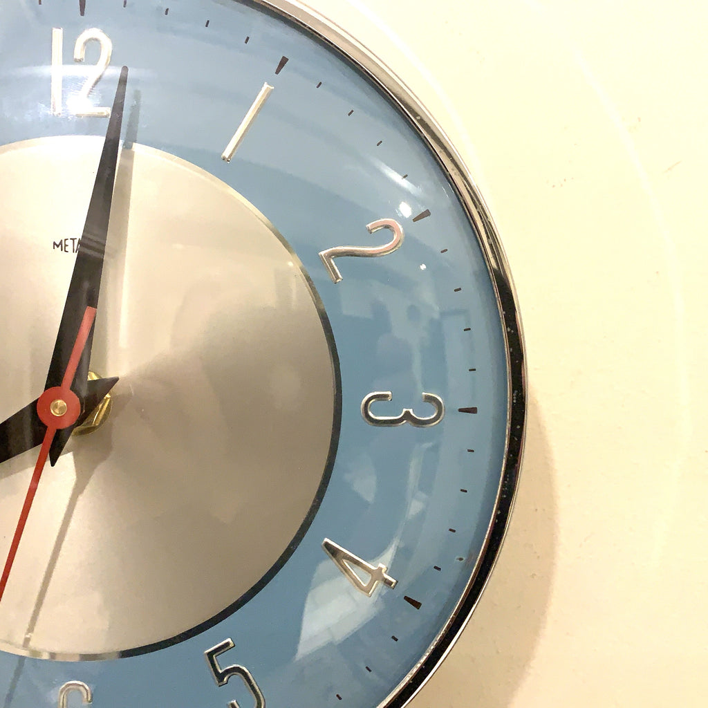 1960s Metamec Wall Clock Blue Silver Bakelite Kitchen Clock Quartz 7 Inch