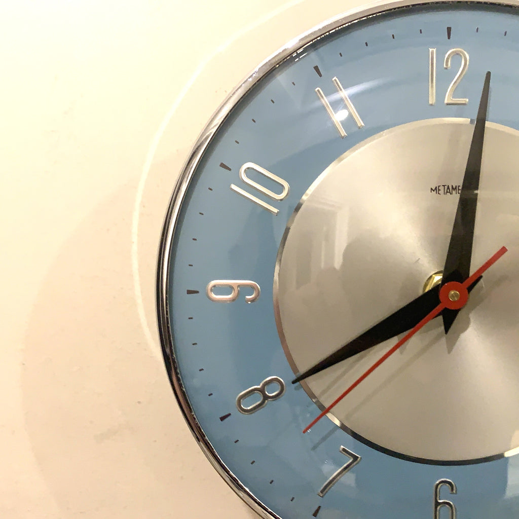 1960s Metamec Wall Clock Blue Silver Bakelite Kitchen Clock Quartz 7 Inch