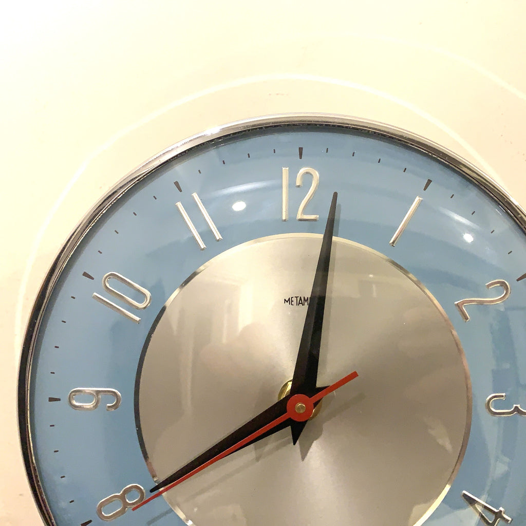 1960s Metamec Wall Clock Blue Silver Bakelite Kitchen Clock Quartz 7 Inch